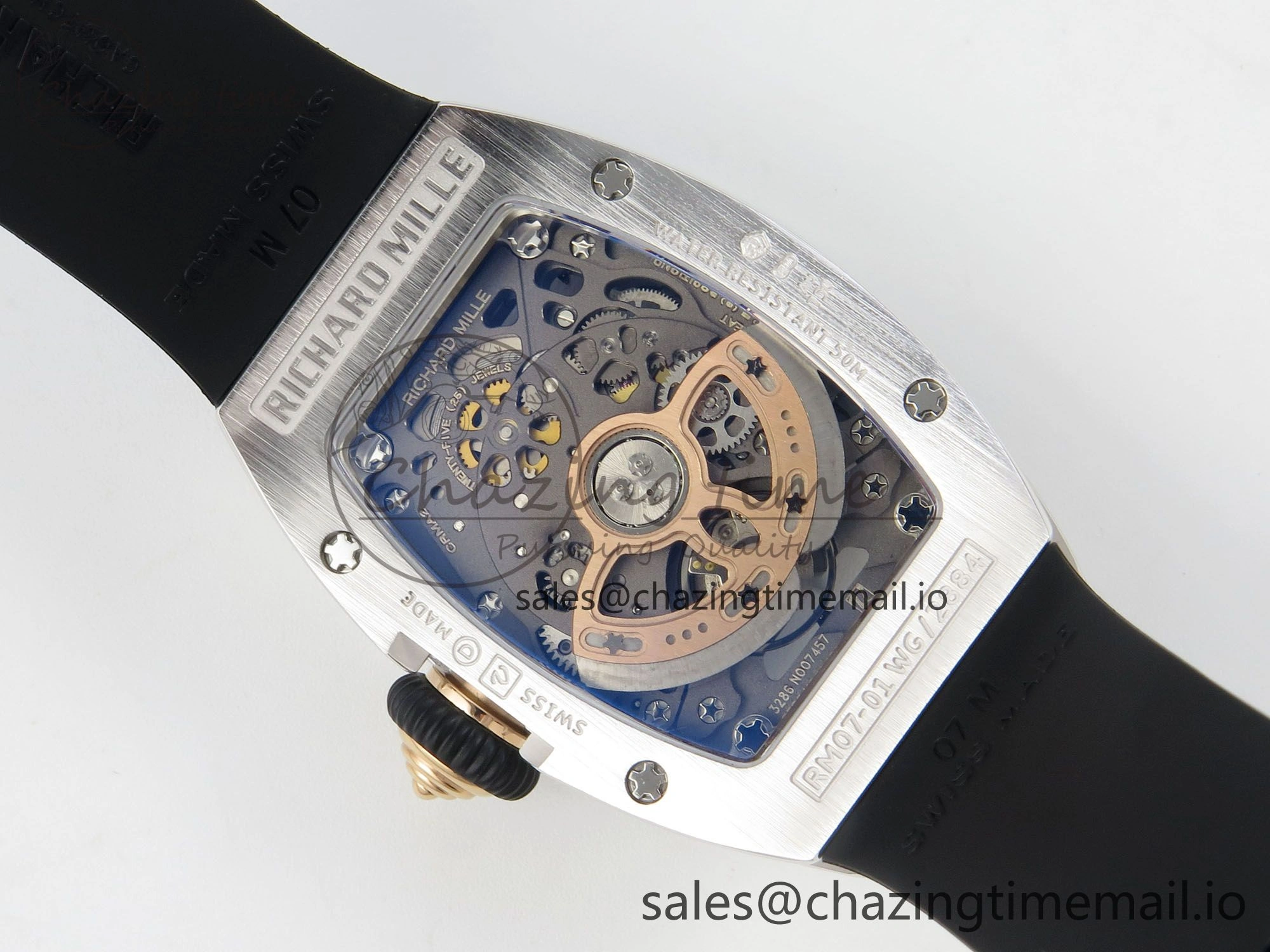 RM07 Ladies SS Diamonds Bezel ZF 1:1 Best Edition Black Diamonds Skeleton Dial on Black Rubber Strap CRMA2 Clone