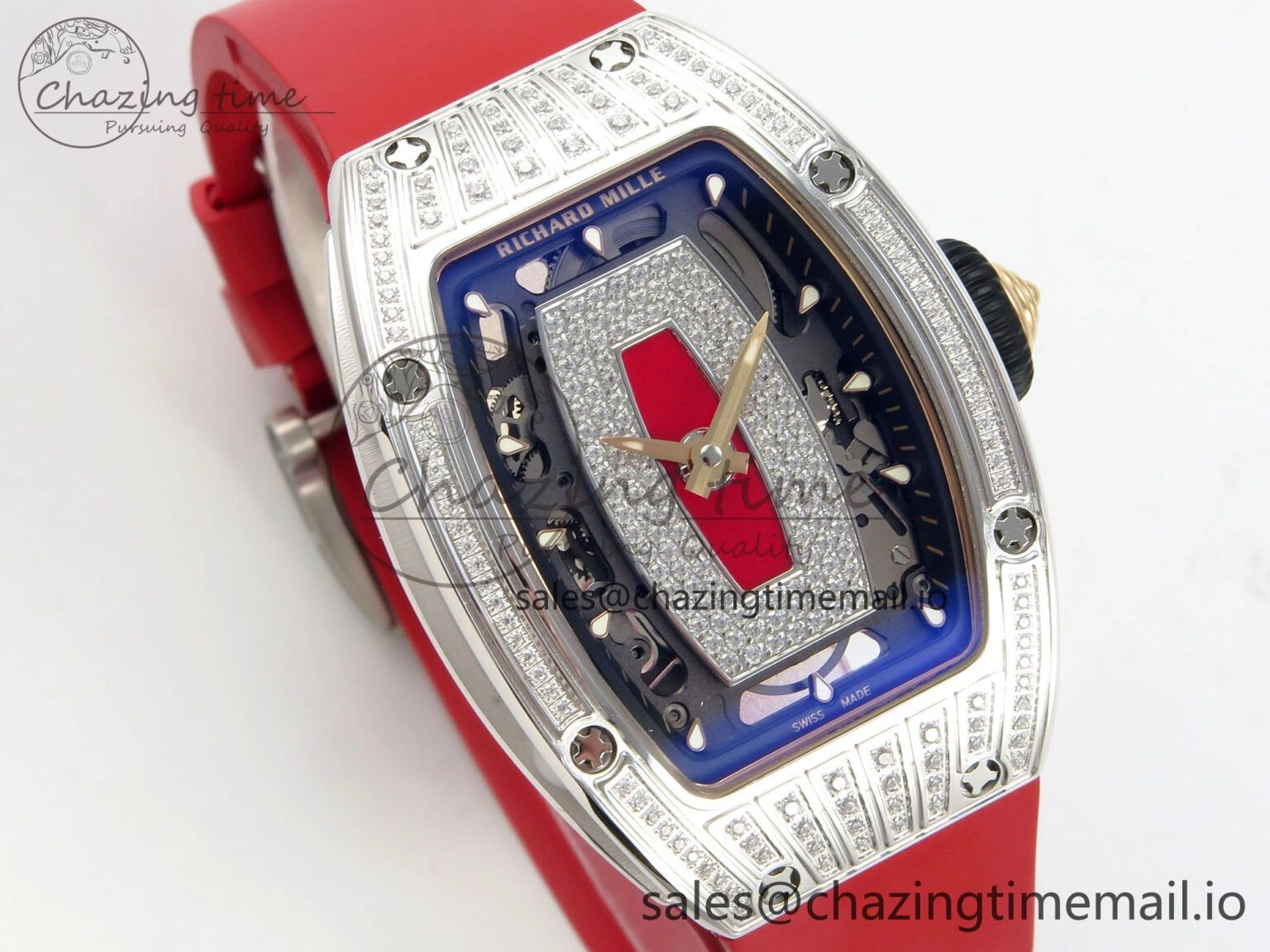 RM07 Ladies SS Diamonds Bezel ZF 1:1 Best Edition Red Diamonds Skeleton Dial on Red Rubber Strap CRMA2 Clone