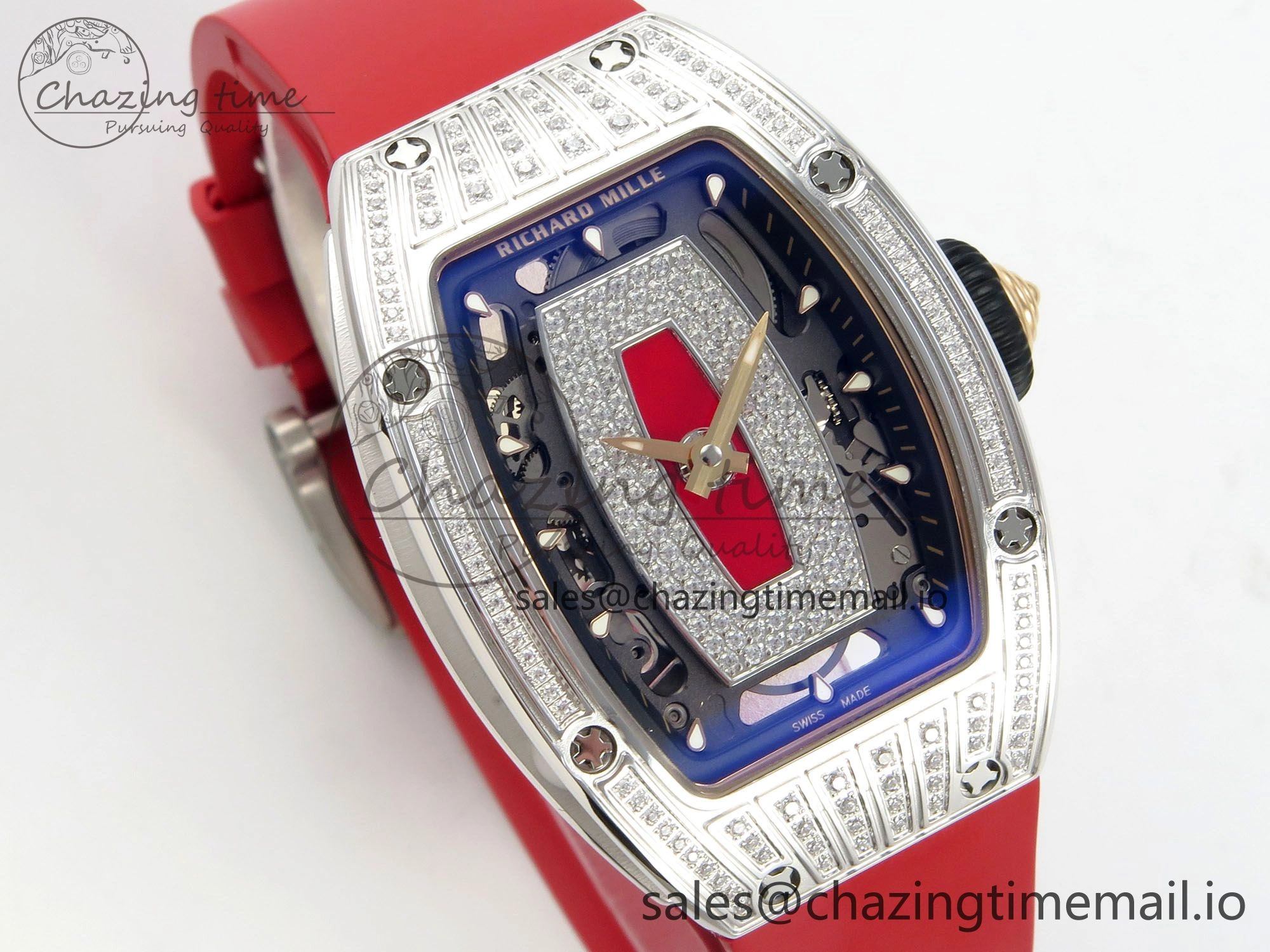 RM07 Ladies SS Diamonds Bezel ZF 1:1 Best Edition Red Diamonds Skeleton Dial on Red Rubber Strap CRMA2 Clone