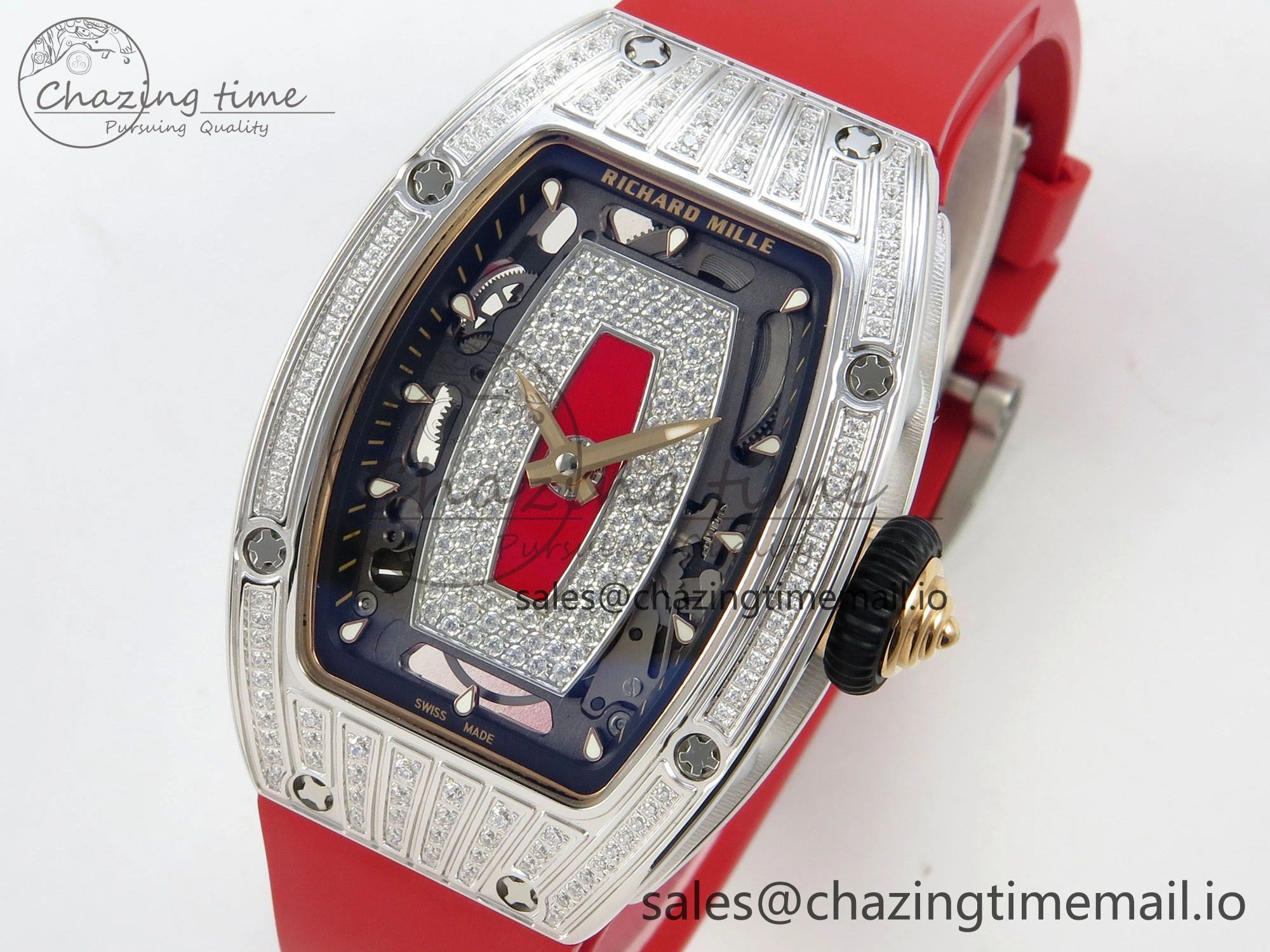 RM07 Ladies SS Diamonds Bezel ZF 1:1 Best Edition Red Diamonds Skeleton Dial on Red Rubber Strap CRMA2 Clone