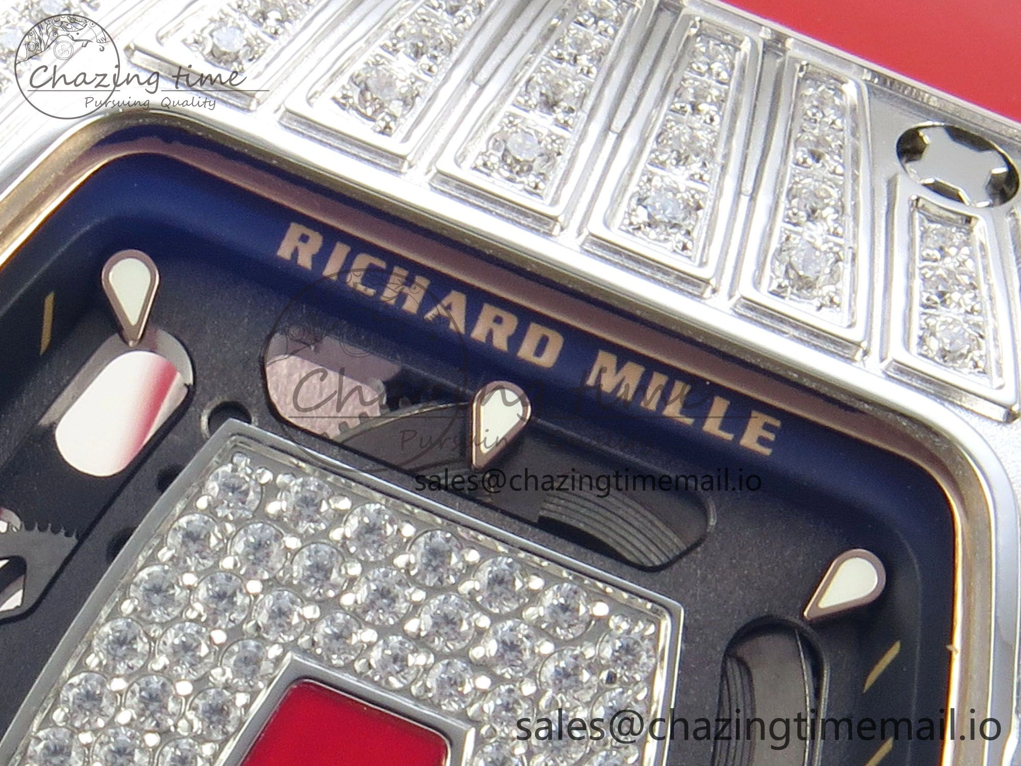 RM07 Ladies SS Diamonds Bezel ZF 1:1 Best Edition Red Diamonds Skeleton Dial on Red Rubber Strap CRMA2 Clone