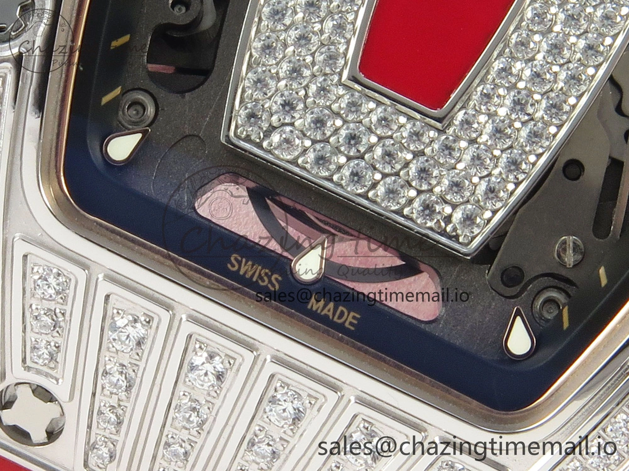 RM07 Ladies SS Diamonds Bezel ZF 1:1 Best Edition Red Diamonds Skeleton Dial on Red Rubber Strap CRMA2 Clone