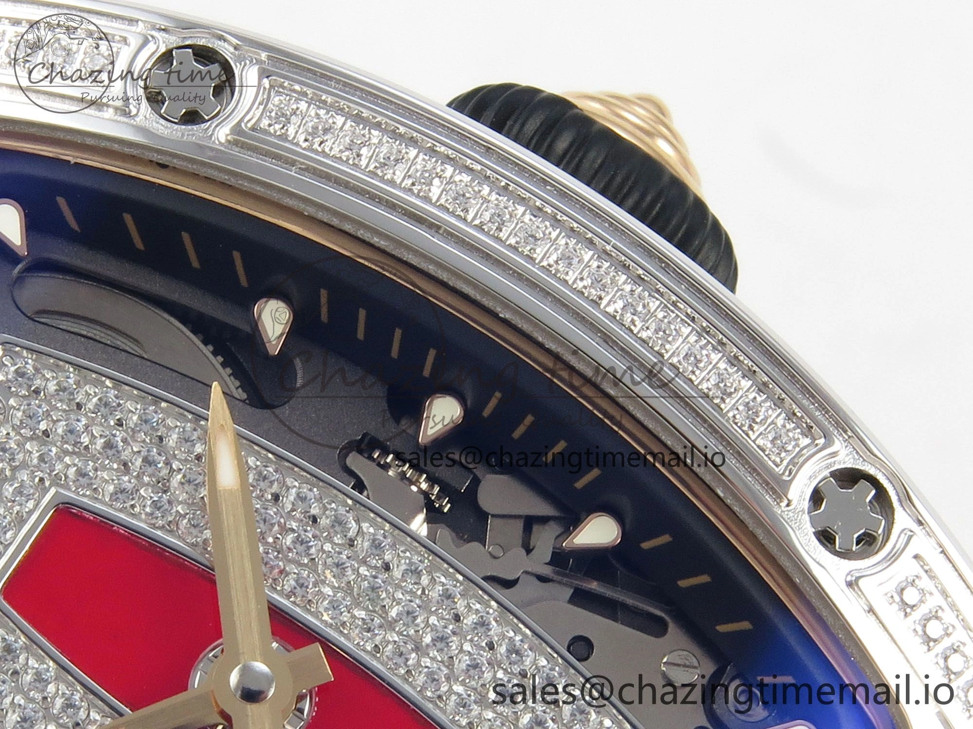 RM07 Ladies SS Diamonds Bezel ZF 1:1 Best Edition Red Diamonds Skeleton Dial on Red Rubber Strap CRMA2 Clone