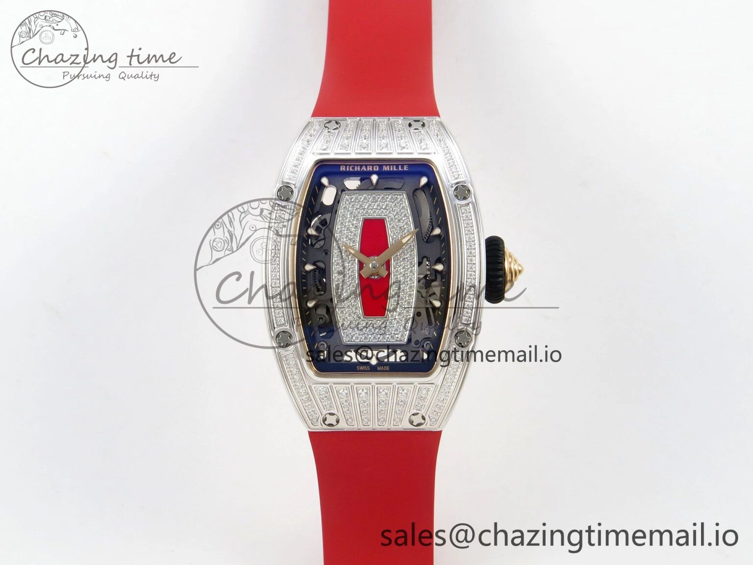 RM07 Ladies SS Diamonds Bezel ZF 1:1 Best Edition Red Diamonds Skeleton Dial on Red Rubber Strap CRMA2 Clone