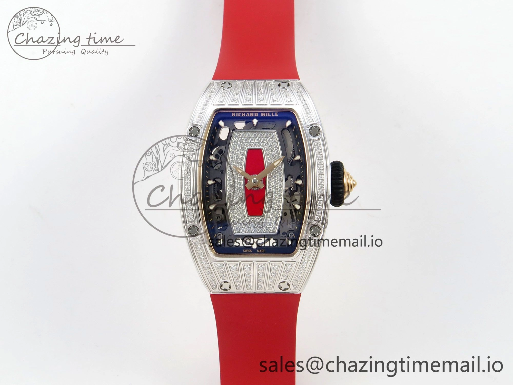 RM07 Ladies SS Diamonds Bezel ZF 1:1 Best Edition Red Diamonds Skeleton Dial on Red Rubber Strap CRMA2 Clone