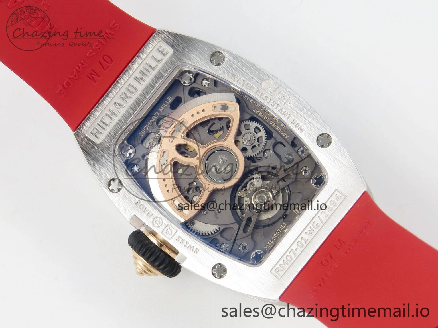 RM07 Ladies SS Diamonds Bezel ZF 1:1 Best Edition Red Diamonds Skeleton Dial on Red Rubber Strap CRMA2 Clone