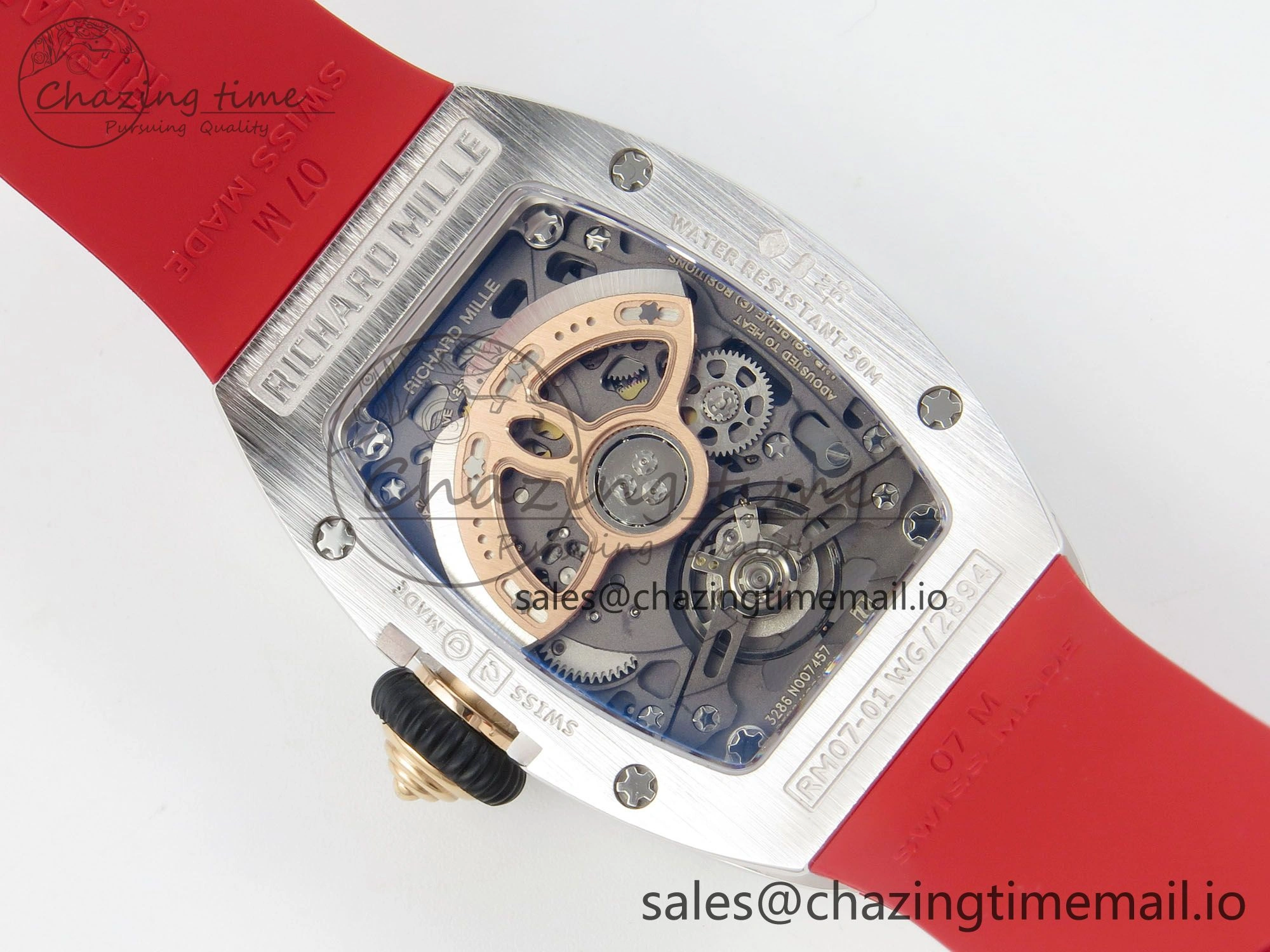 RM07 Ladies SS Diamonds Bezel ZF 1:1 Best Edition Red Diamonds Skeleton Dial on Red Rubber Strap CRMA2 Clone