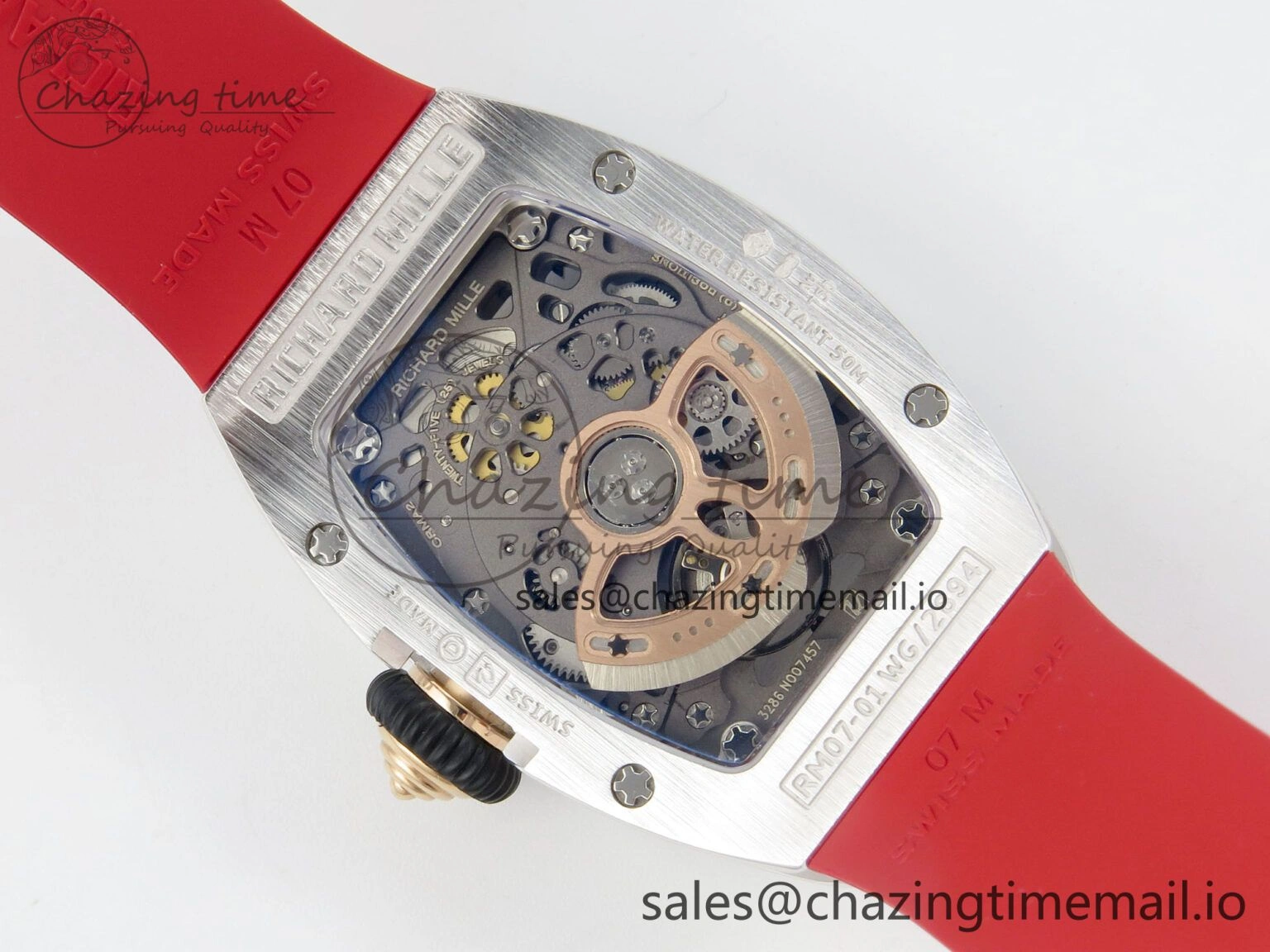 RM07 Ladies SS Diamonds Bezel ZF 1:1 Best Edition Red Diamonds Skeleton Dial on Red Rubber Strap CRMA2 Clone