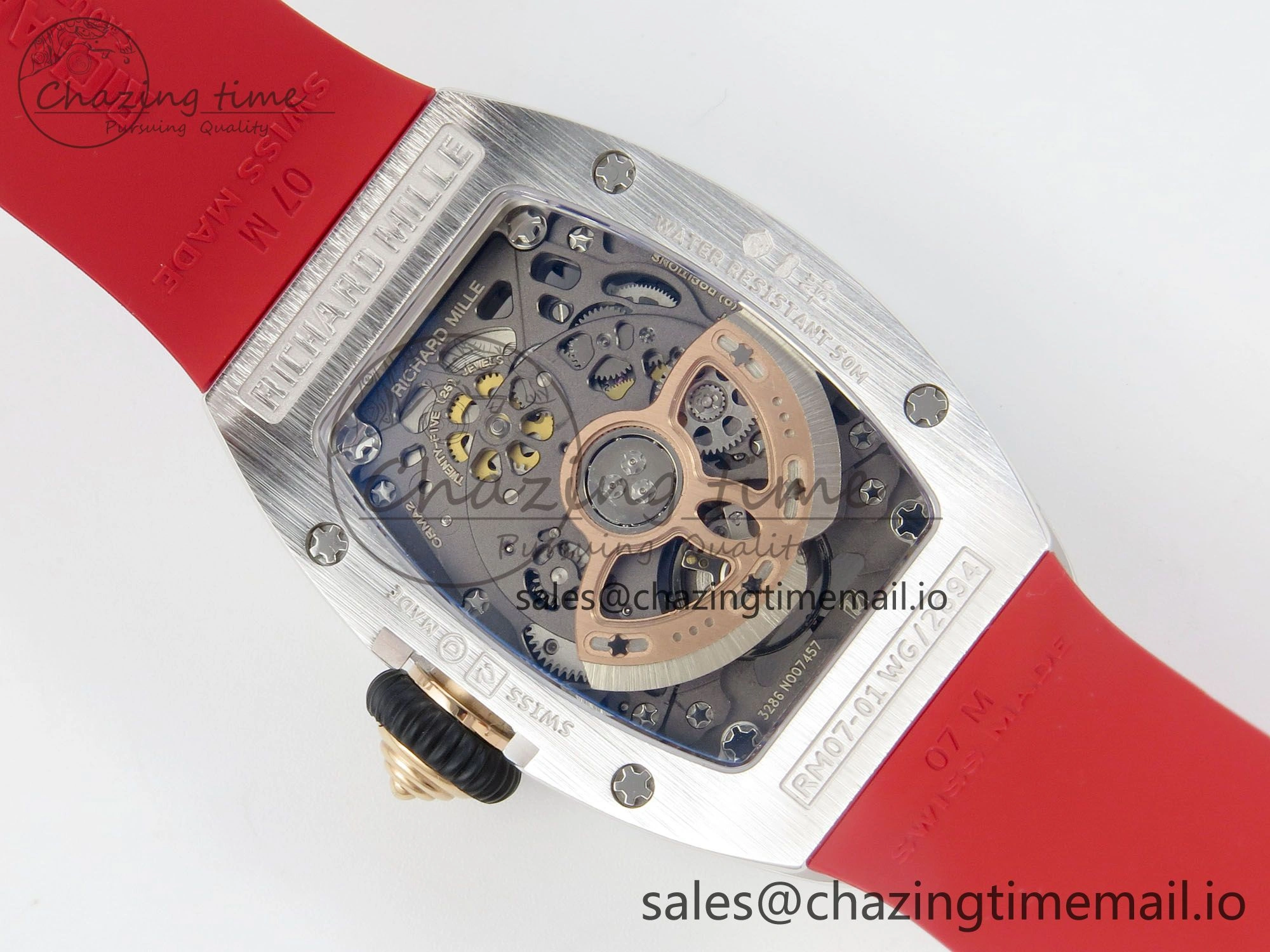 RM07 Ladies SS Diamonds Bezel ZF 1:1 Best Edition Red Diamonds Skeleton Dial on Red Rubber Strap CRMA2 Clone