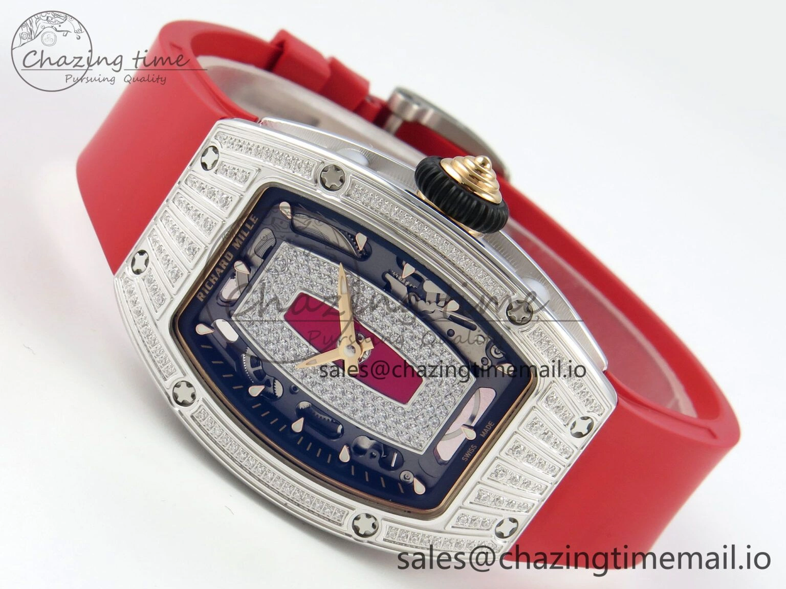 RM07 Ladies SS Diamonds Bezel ZF 1:1 Best Edition Red Diamonds Skeleton Dial on Red Rubber Strap CRMA2 Clone
