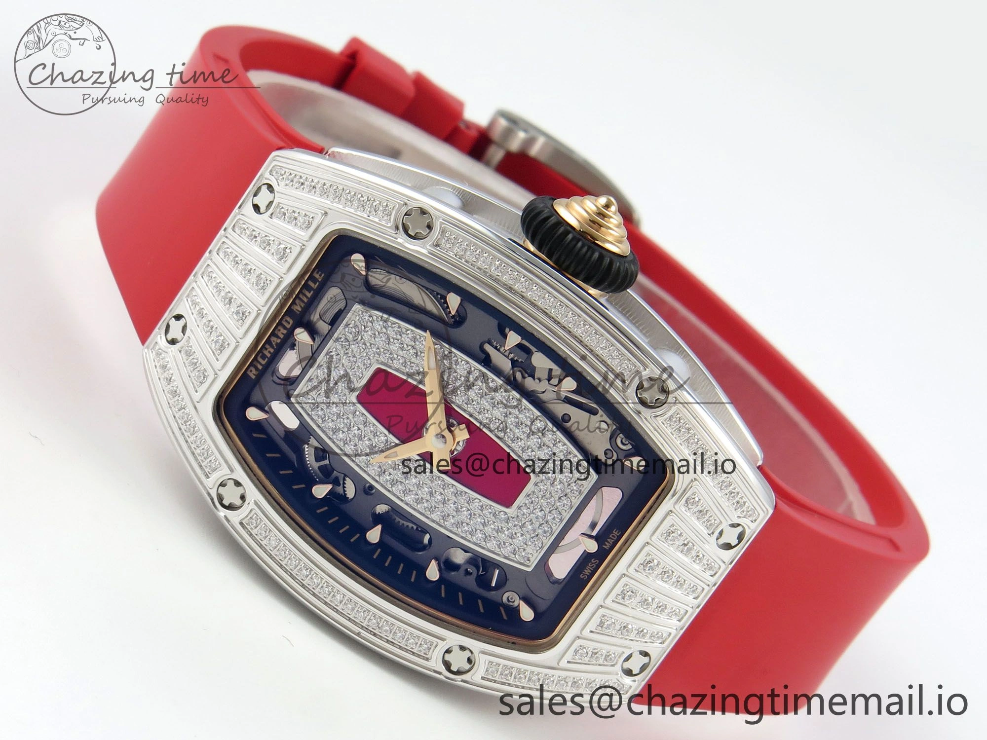 RM07 Ladies SS Diamonds Bezel ZF 1:1 Best Edition Red Diamonds Skeleton Dial on Red Rubber Strap CRMA2 Clone