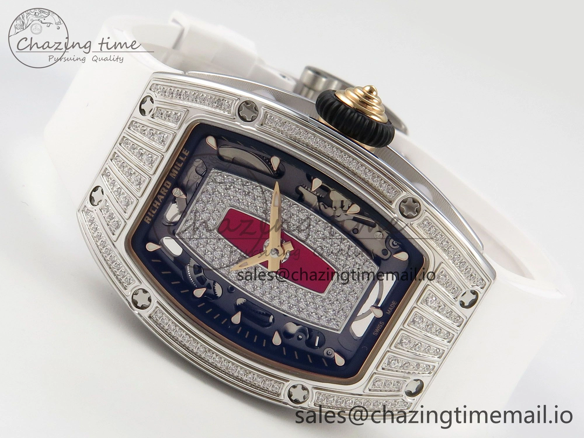 RM07 Ladies SS Diamonds Bezel ZF 1:1 Best Edition Red Diamonds Skeleton Dial on White Rubber Strap CRMA2 Clone