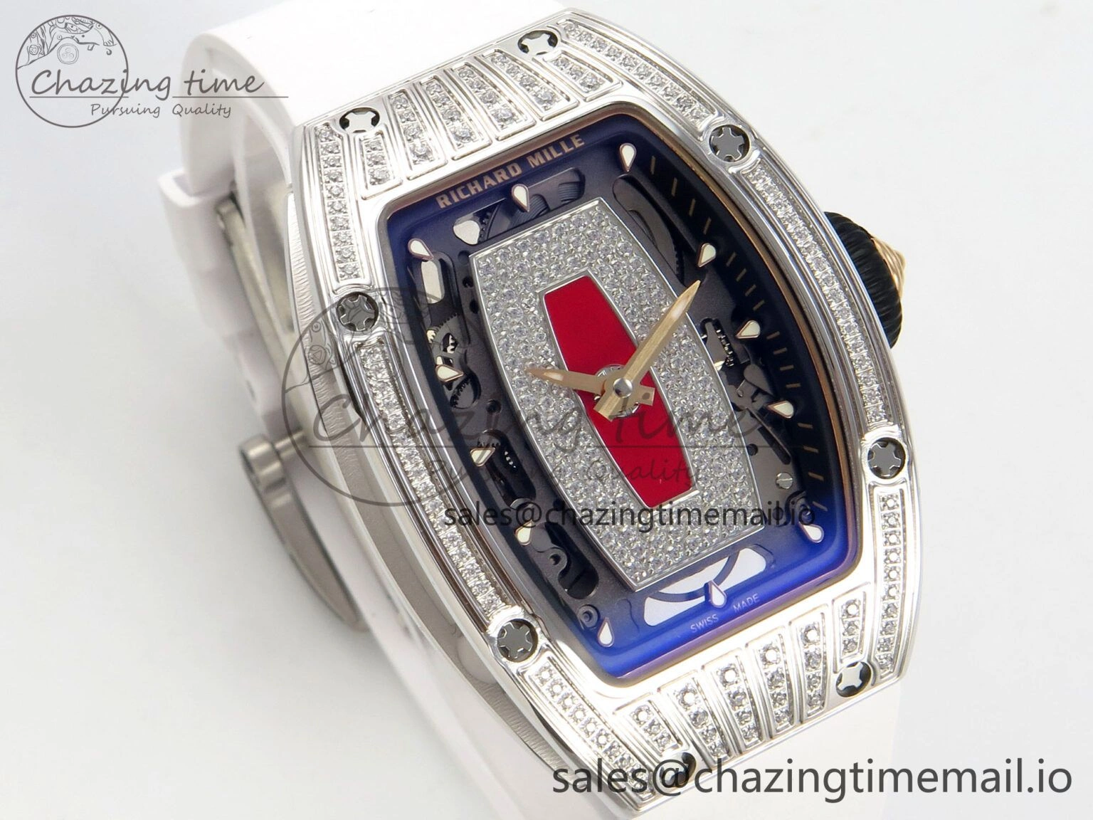 RM07 Ladies SS Diamonds Bezel ZF 1:1 Best Edition Red Diamonds Skeleton Dial on White Rubber Strap CRMA2 Clone