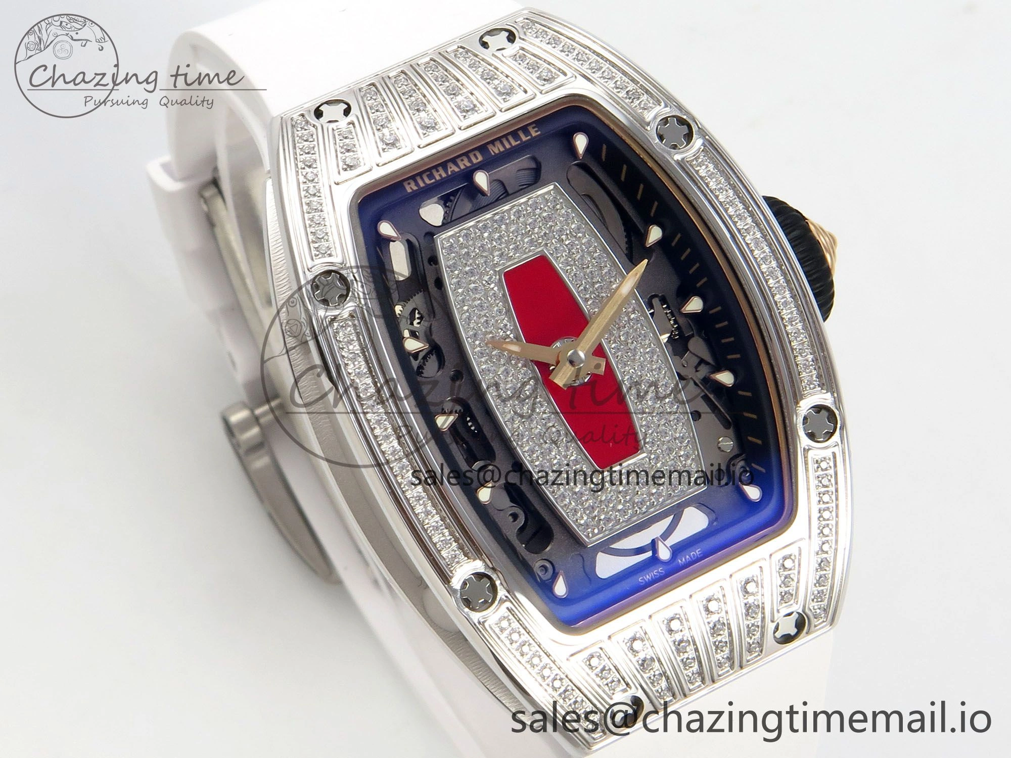 RM07 Ladies SS Diamonds Bezel ZF 1:1 Best Edition Red Diamonds Skeleton Dial on White Rubber Strap CRMA2 Clone