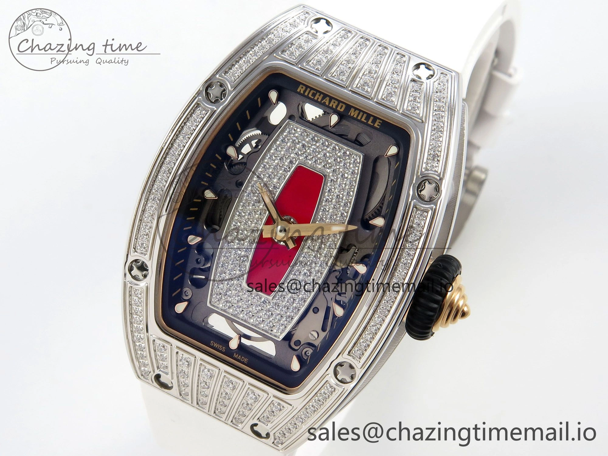 RM07 Ladies SS Diamonds Bezel ZF 1:1 Best Edition Red Diamonds Skeleton Dial on White Rubber Strap CRMA2 Clone