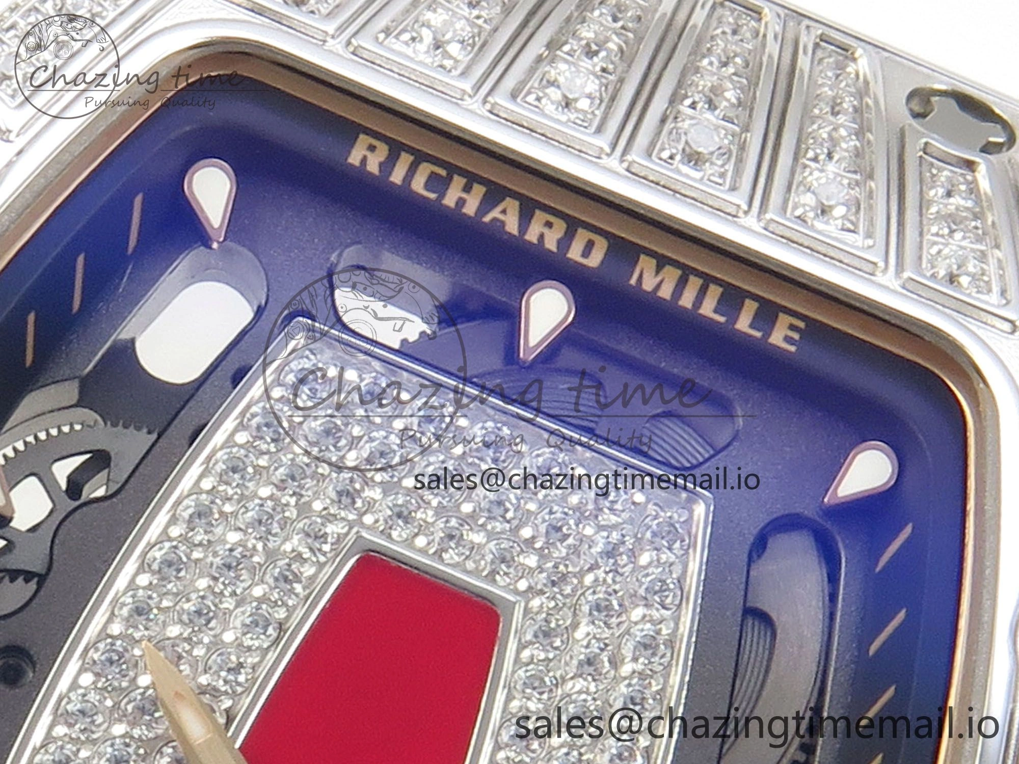 RM07 Ladies SS Diamonds Bezel ZF 1:1 Best Edition Red Diamonds Skeleton Dial on White Rubber Strap CRMA2 Clone