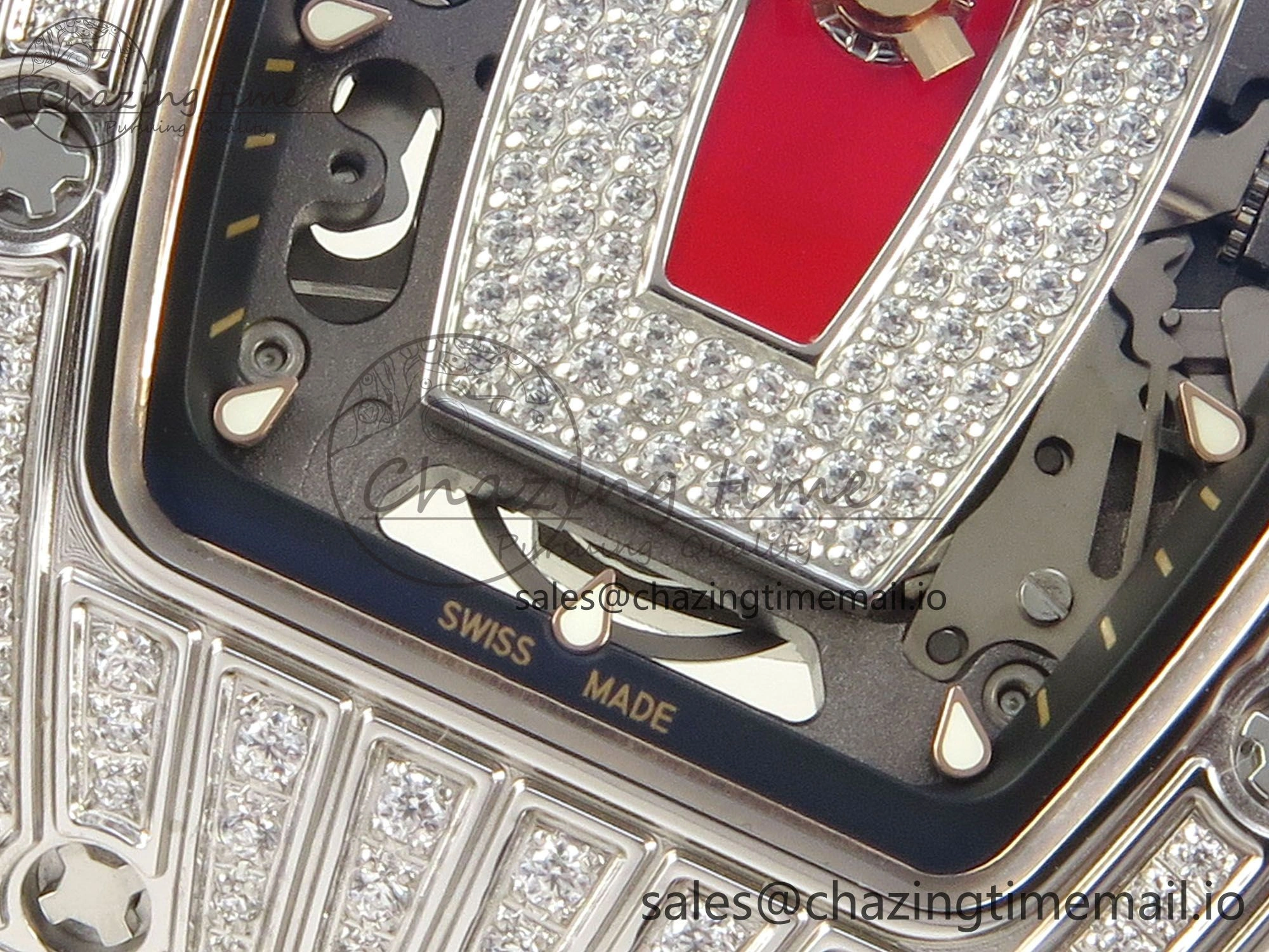 RM07 Ladies SS Diamonds Bezel ZF 1:1 Best Edition Red Diamonds Skeleton Dial on White Rubber Strap CRMA2 Clone