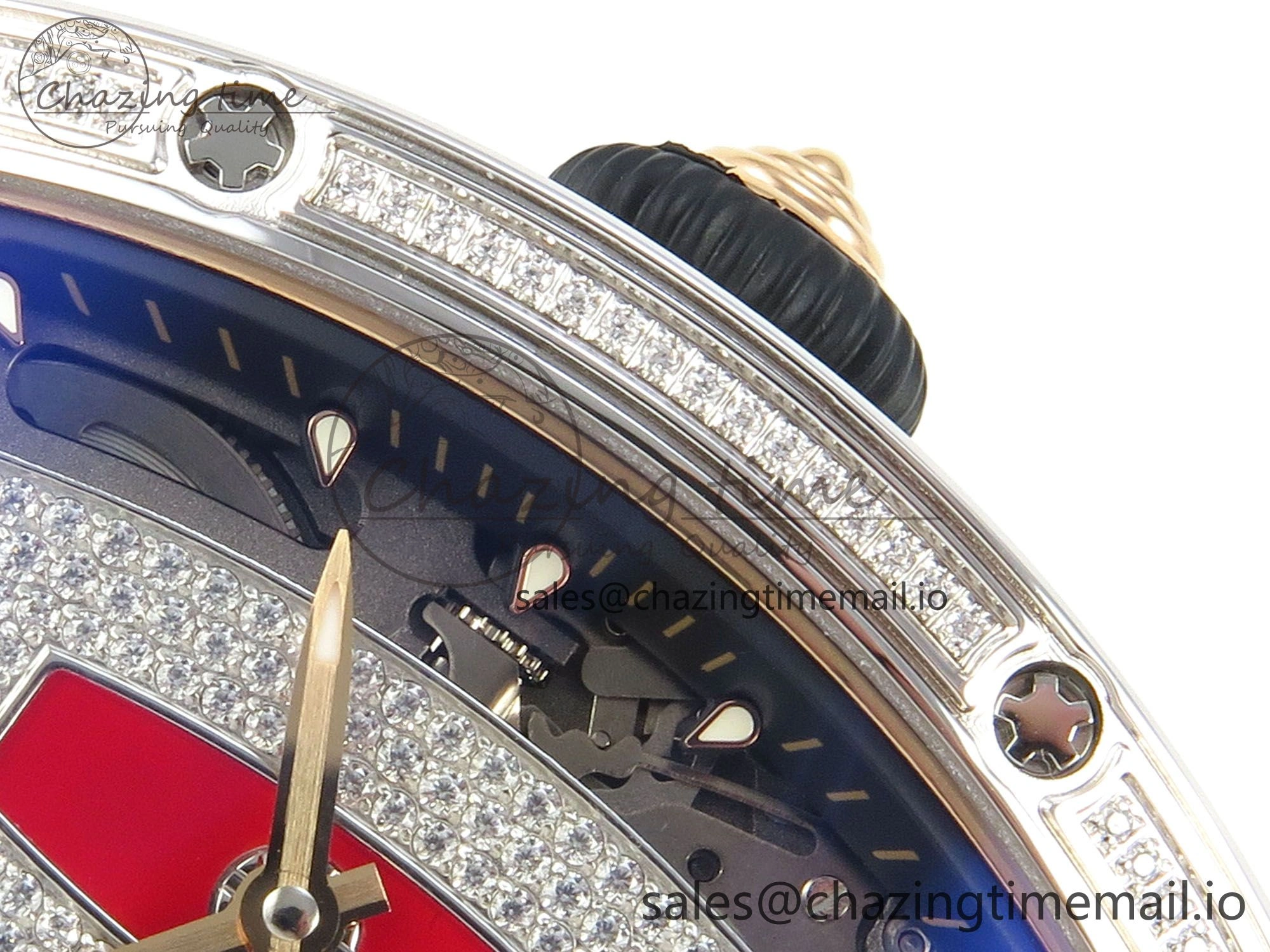 RM07 Ladies SS Diamonds Bezel ZF 1:1 Best Edition Red Diamonds Skeleton Dial on White Rubber Strap CRMA2 Clone