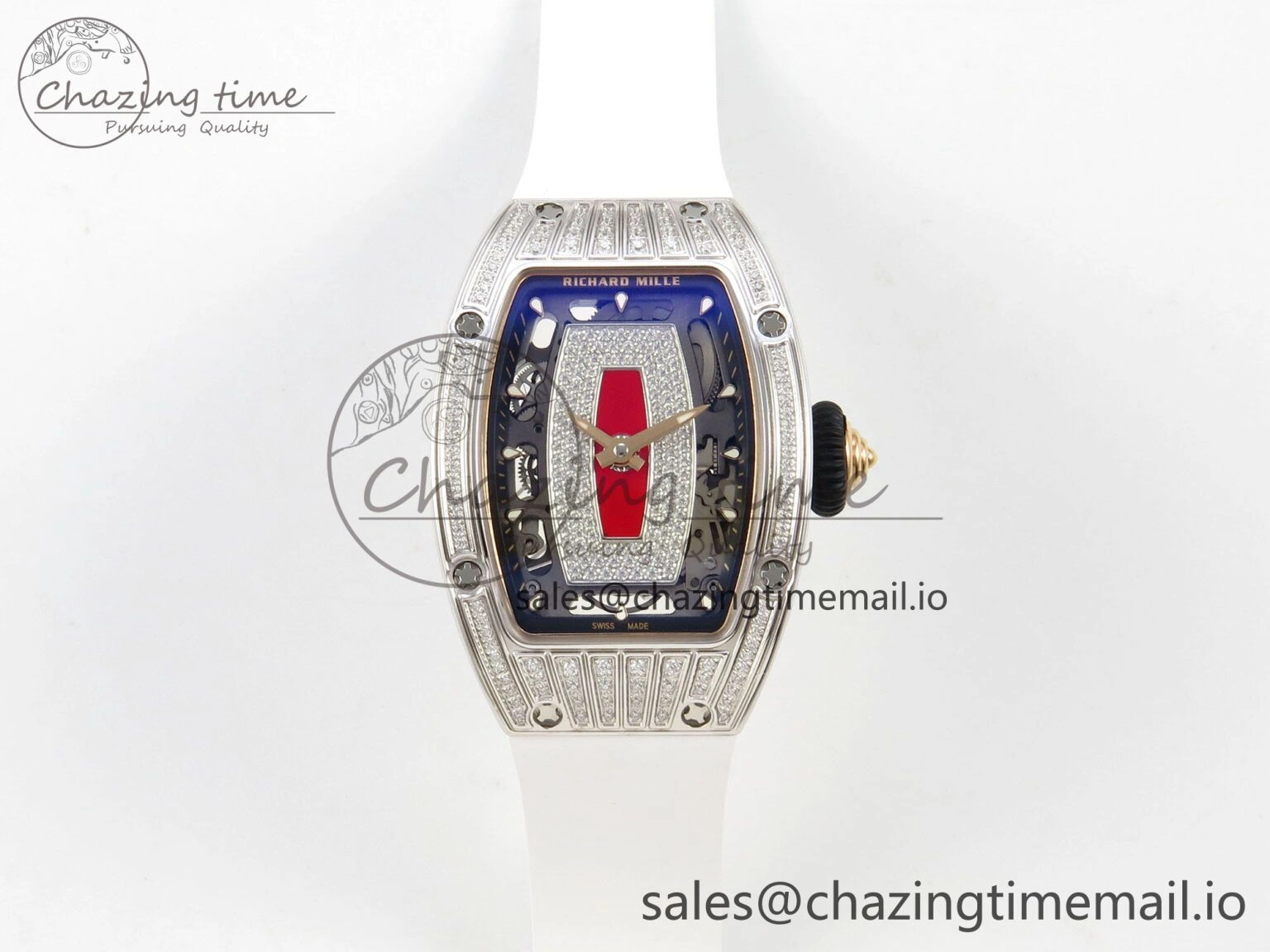 RM07 Ladies SS Diamonds Bezel ZF 1:1 Best Edition Red Diamonds Skeleton Dial on White Rubber Strap CRMA2 Clone