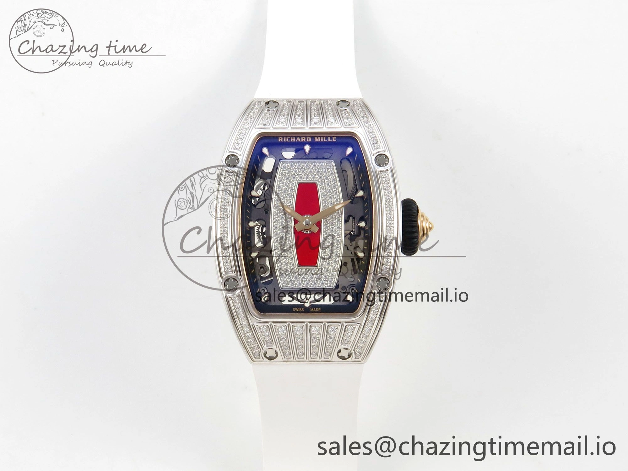 RM07 Ladies SS Diamonds Bezel ZF 1:1 Best Edition Red Diamonds Skeleton Dial on White Rubber Strap CRMA2 Clone