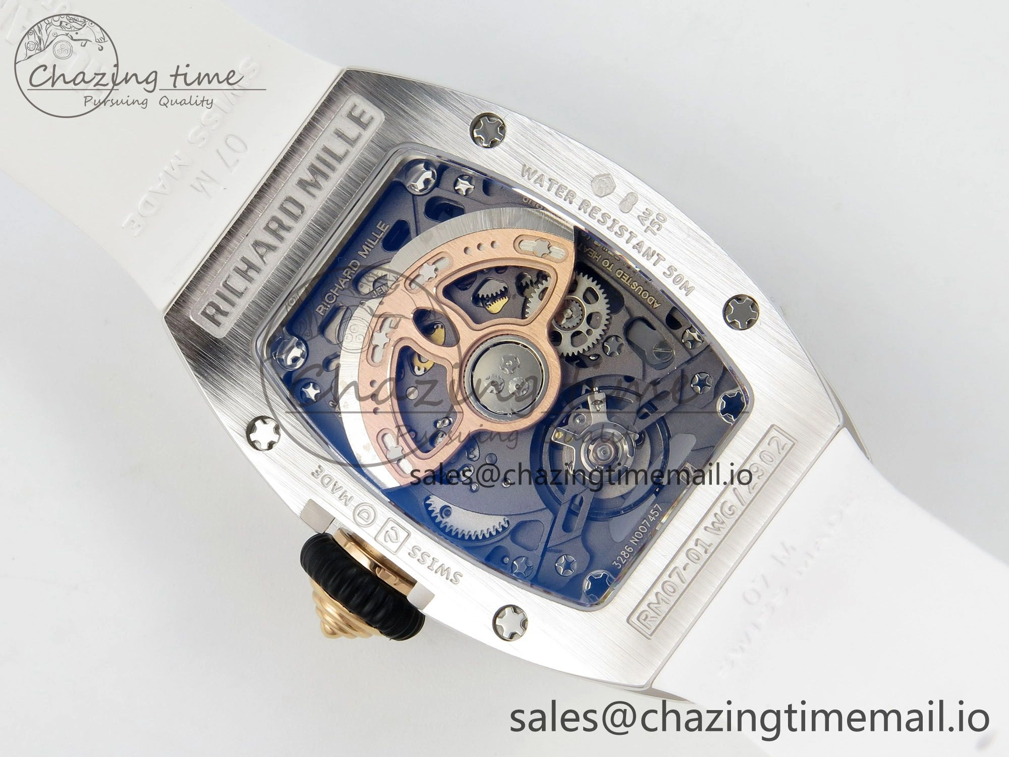 RM07 Ladies SS Diamonds Bezel ZF 1:1 Best Edition Red Diamonds Skeleton Dial on White Rubber Strap CRMA2 Clone