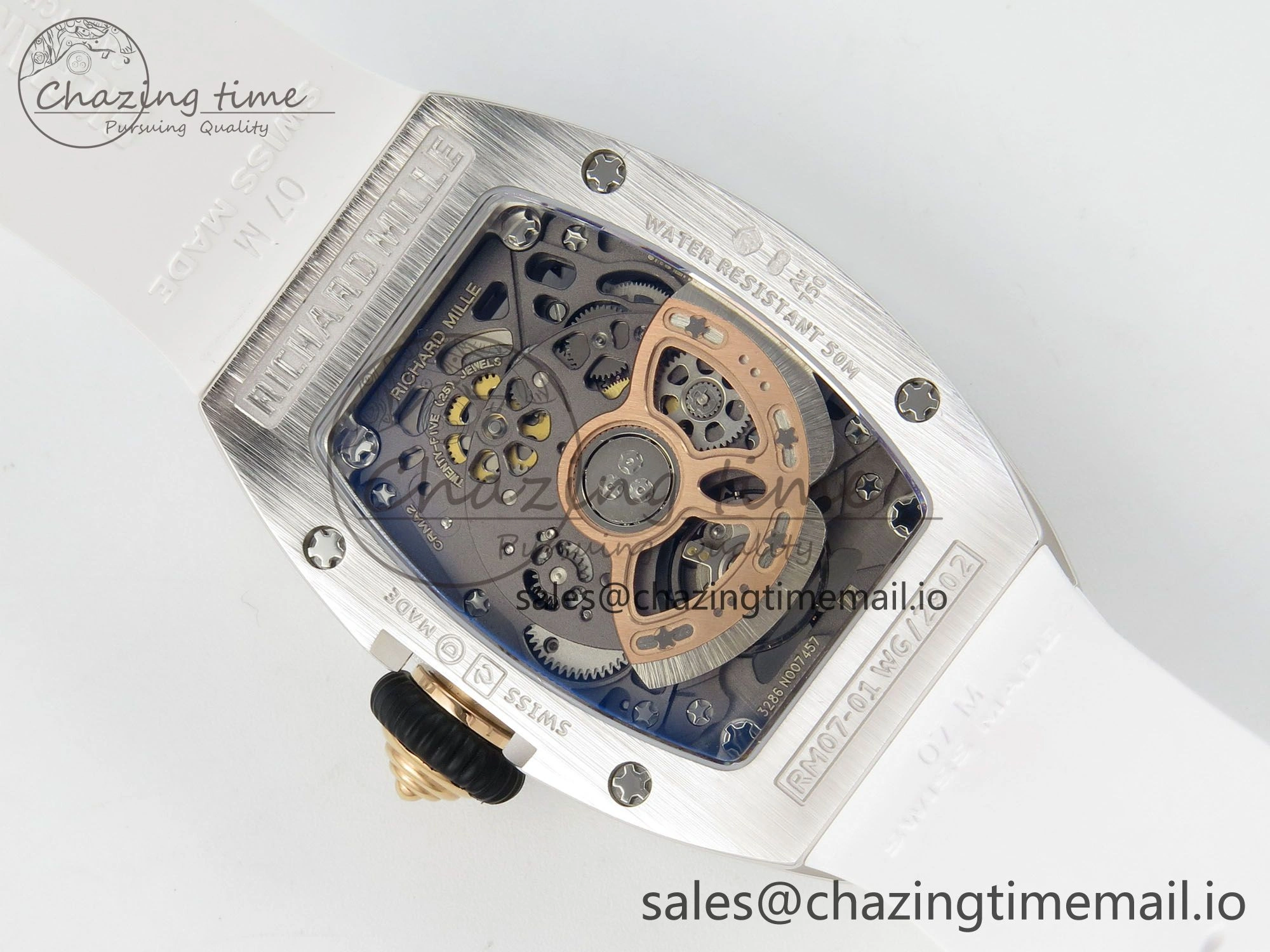 RM07 Ladies SS Diamonds Bezel ZF 1:1 Best Edition Red Diamonds Skeleton Dial on White Rubber Strap CRMA2 Clone