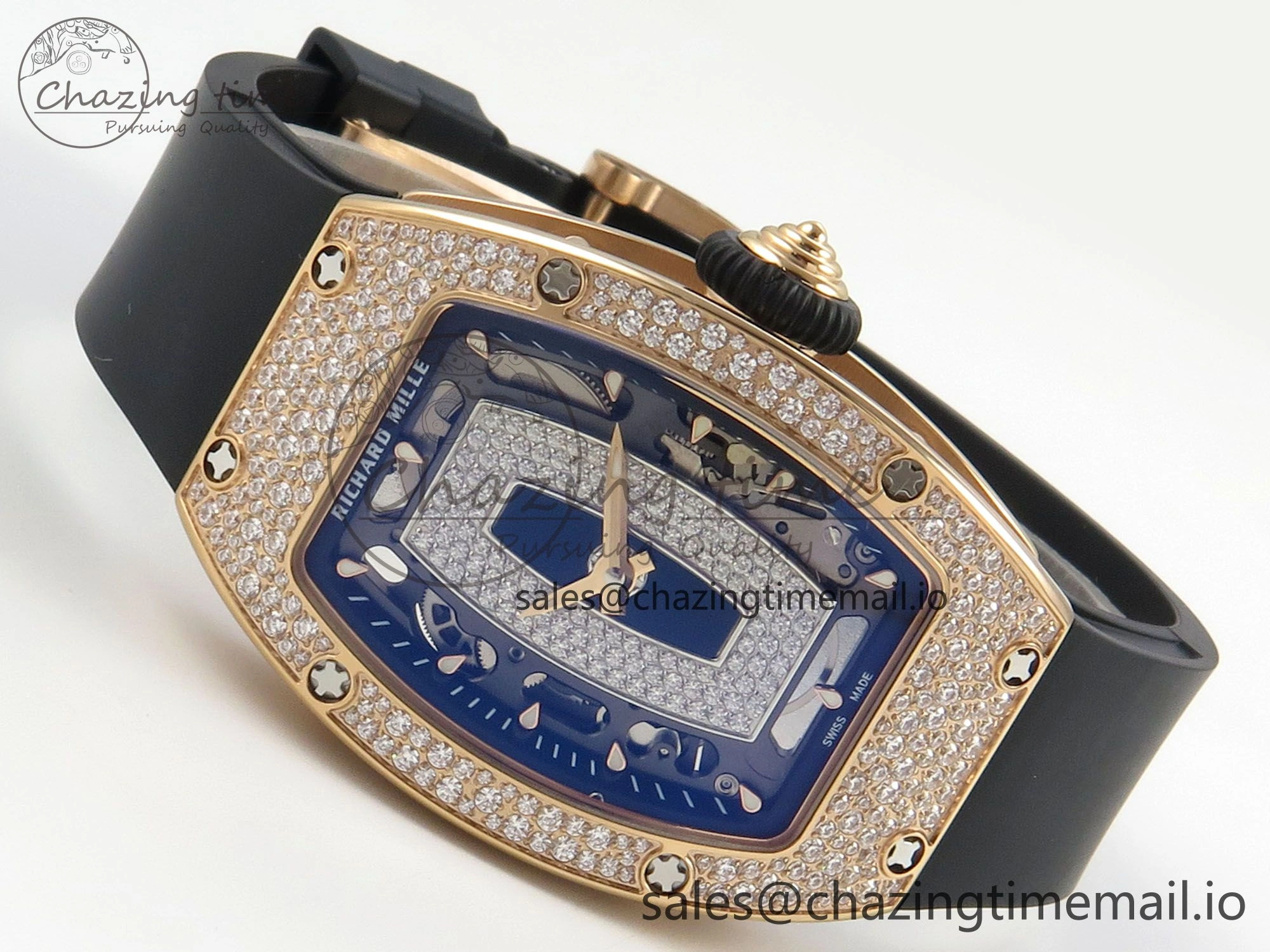 RM07 Ladies Snow Diamonds RG ZF 1:1 Best Edition Black Dial on Black Rubber Strap CRMA2 Clone