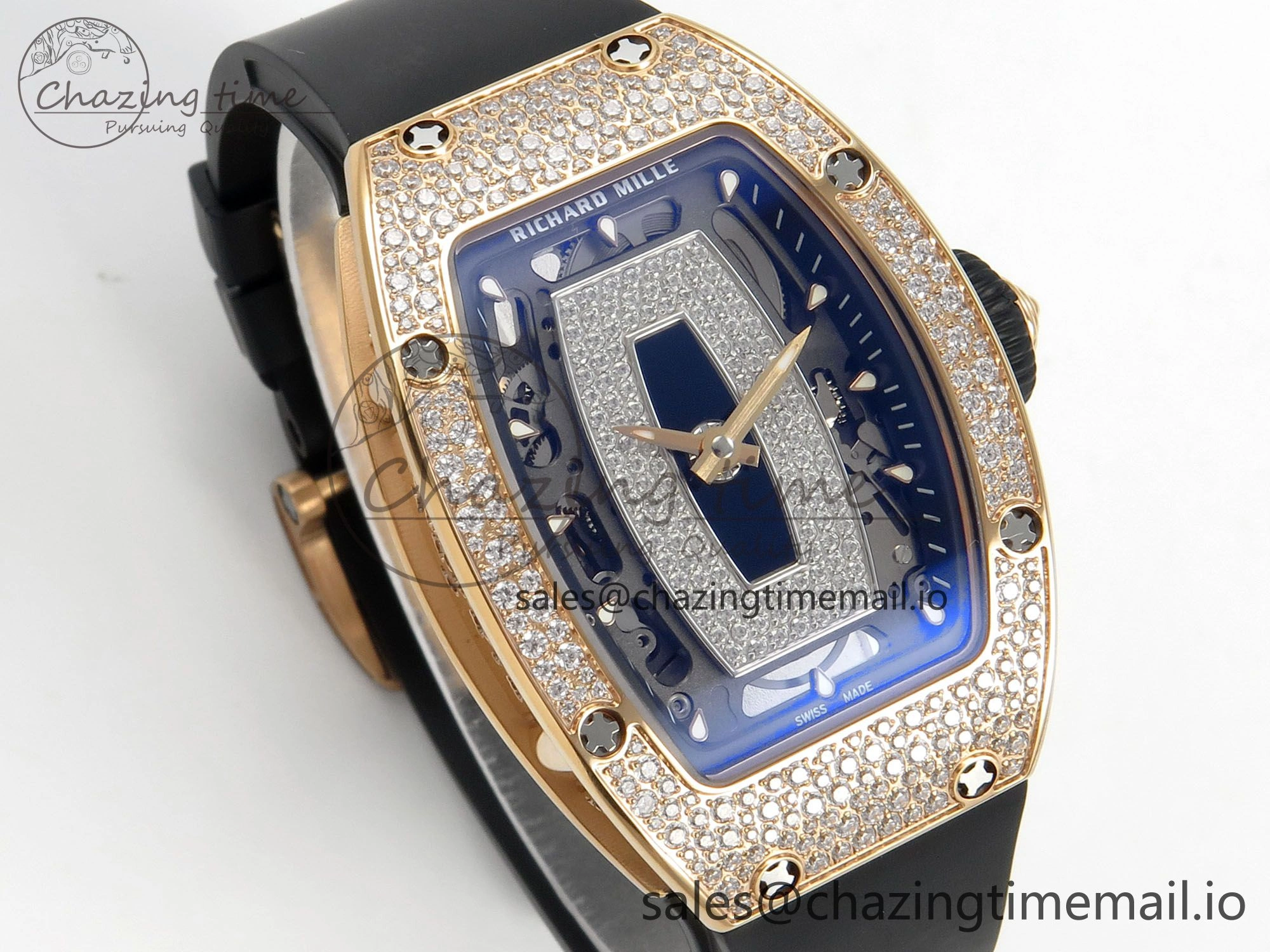 RM07 Ladies Snow Diamonds RG ZF 1:1 Best Edition Black Dial on Black Rubber Strap CRMA2 Clone