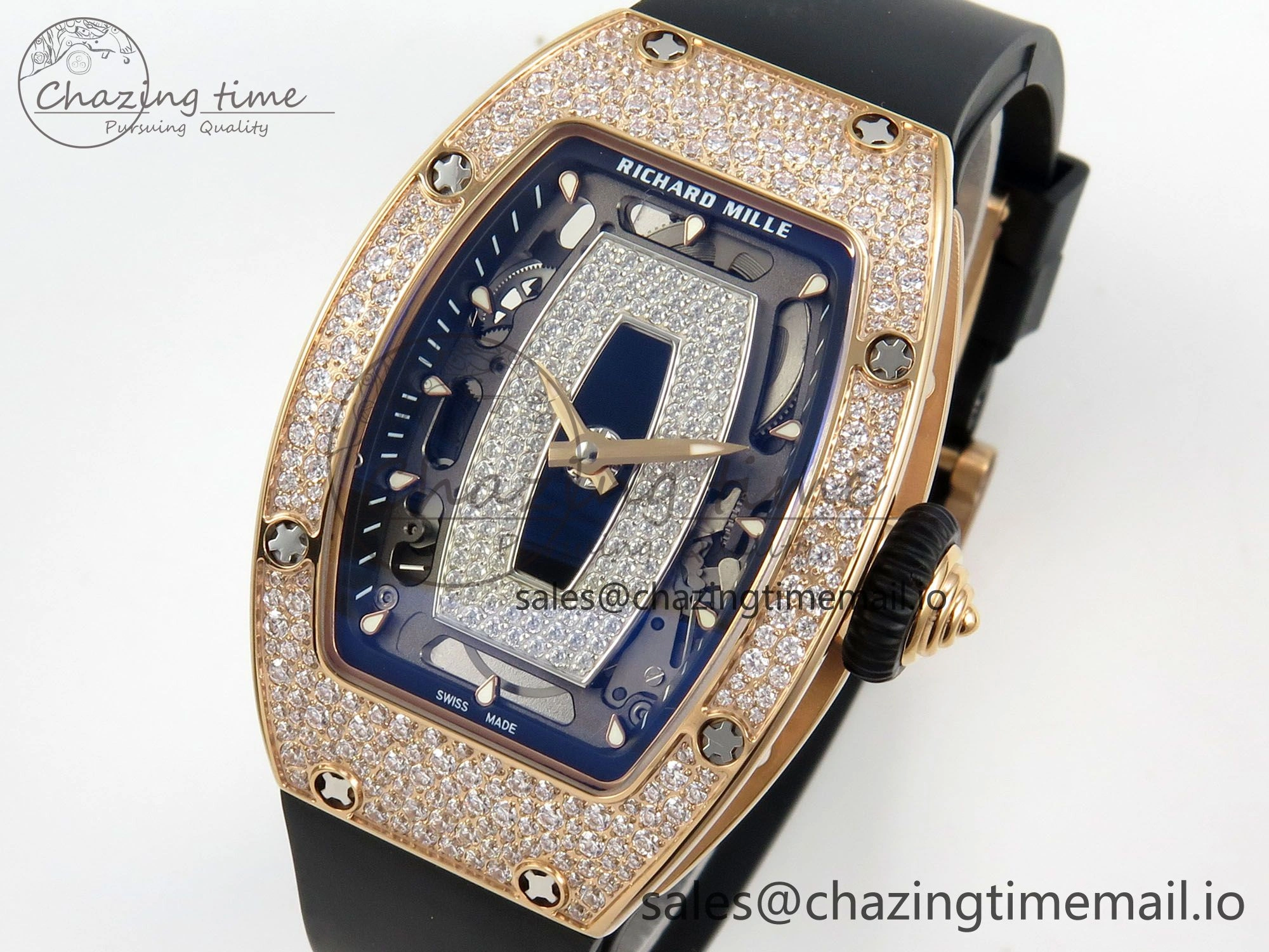 RM07 Ladies Snow Diamonds RG ZF 1:1 Best Edition Black Dial on Black Rubber Strap CRMA2 Clone