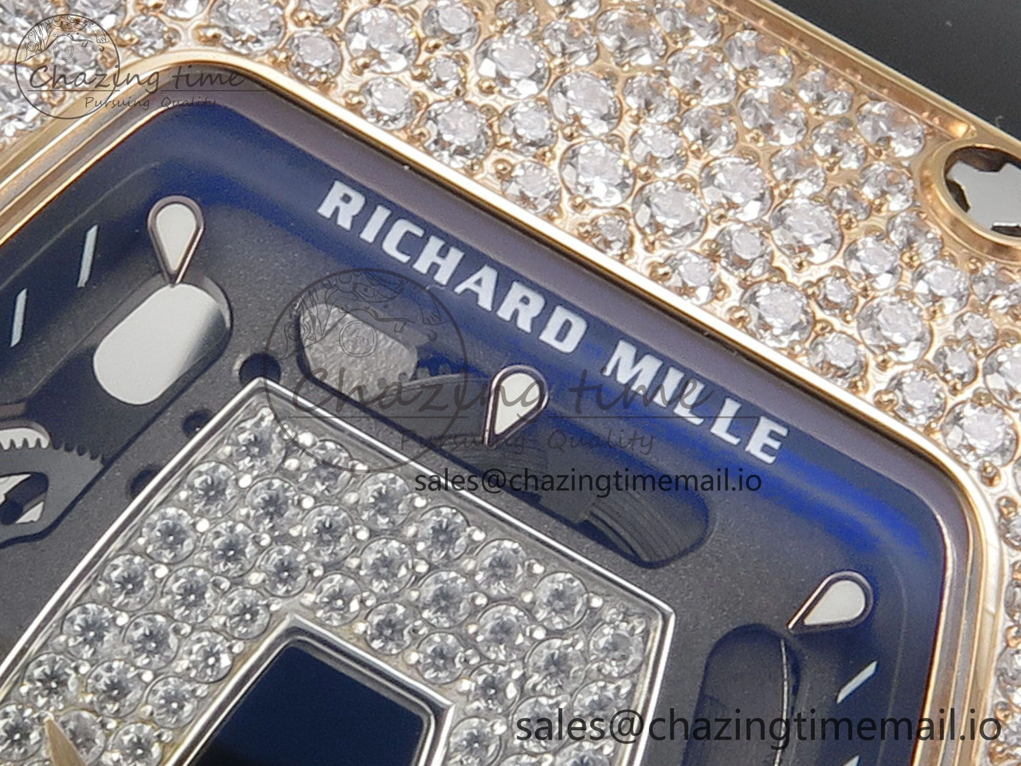 RM07 Ladies Snow Diamonds RG ZF 1:1 Best Edition Black Dial on Black Rubber Strap CRMA2 Clone
