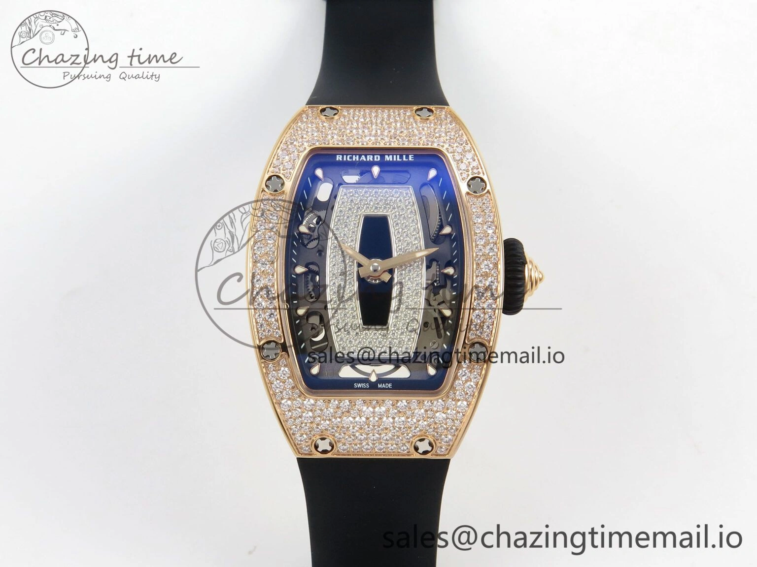 RM07 Ladies Snow Diamonds RG ZF 1:1 Best Edition Black Dial on Black Rubber Strap CRMA2 Clone