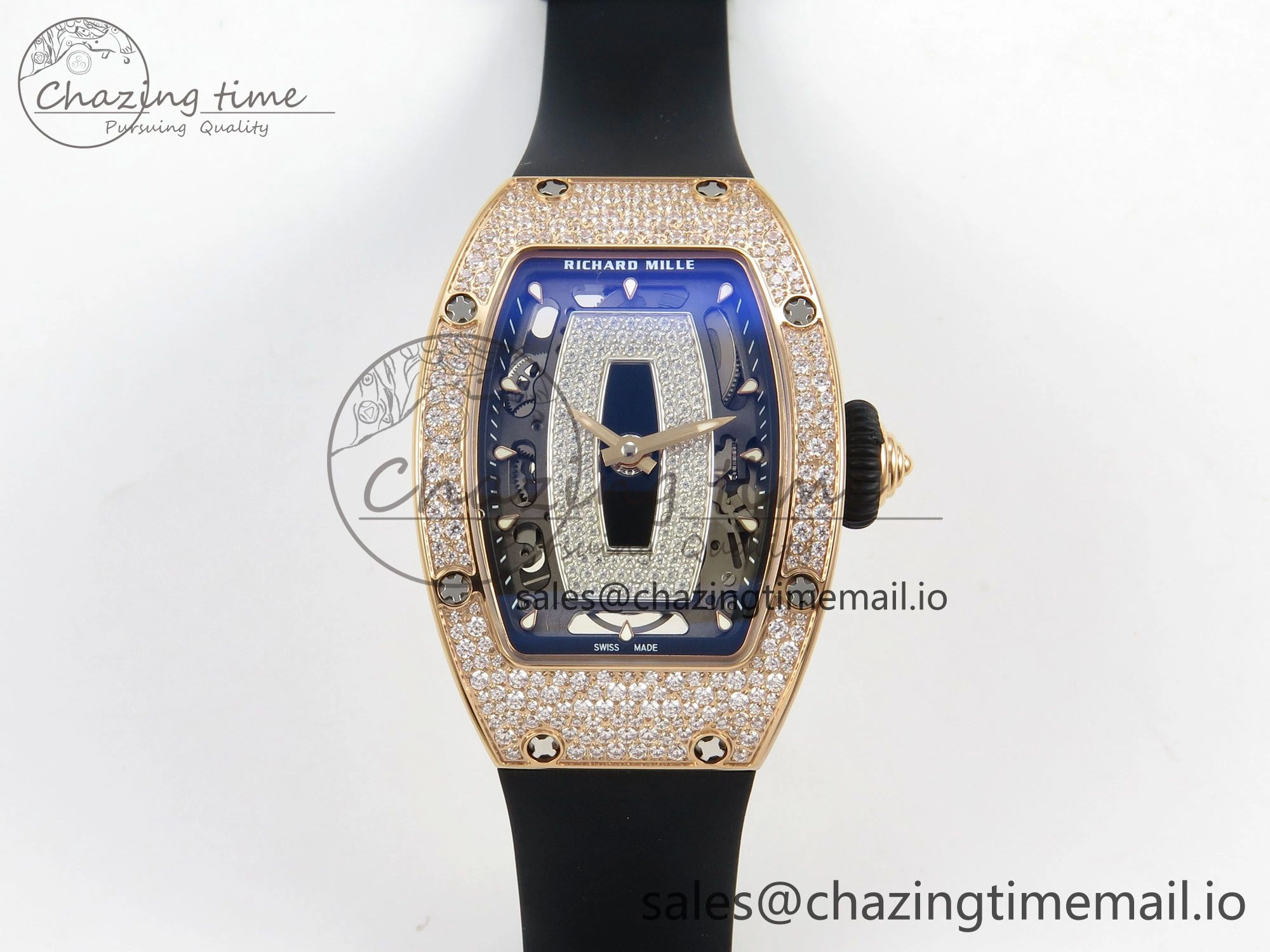RM07 Ladies Snow Diamonds RG ZF 1:1 Best Edition Black Dial on Black Rubber Strap CRMA2 Clone