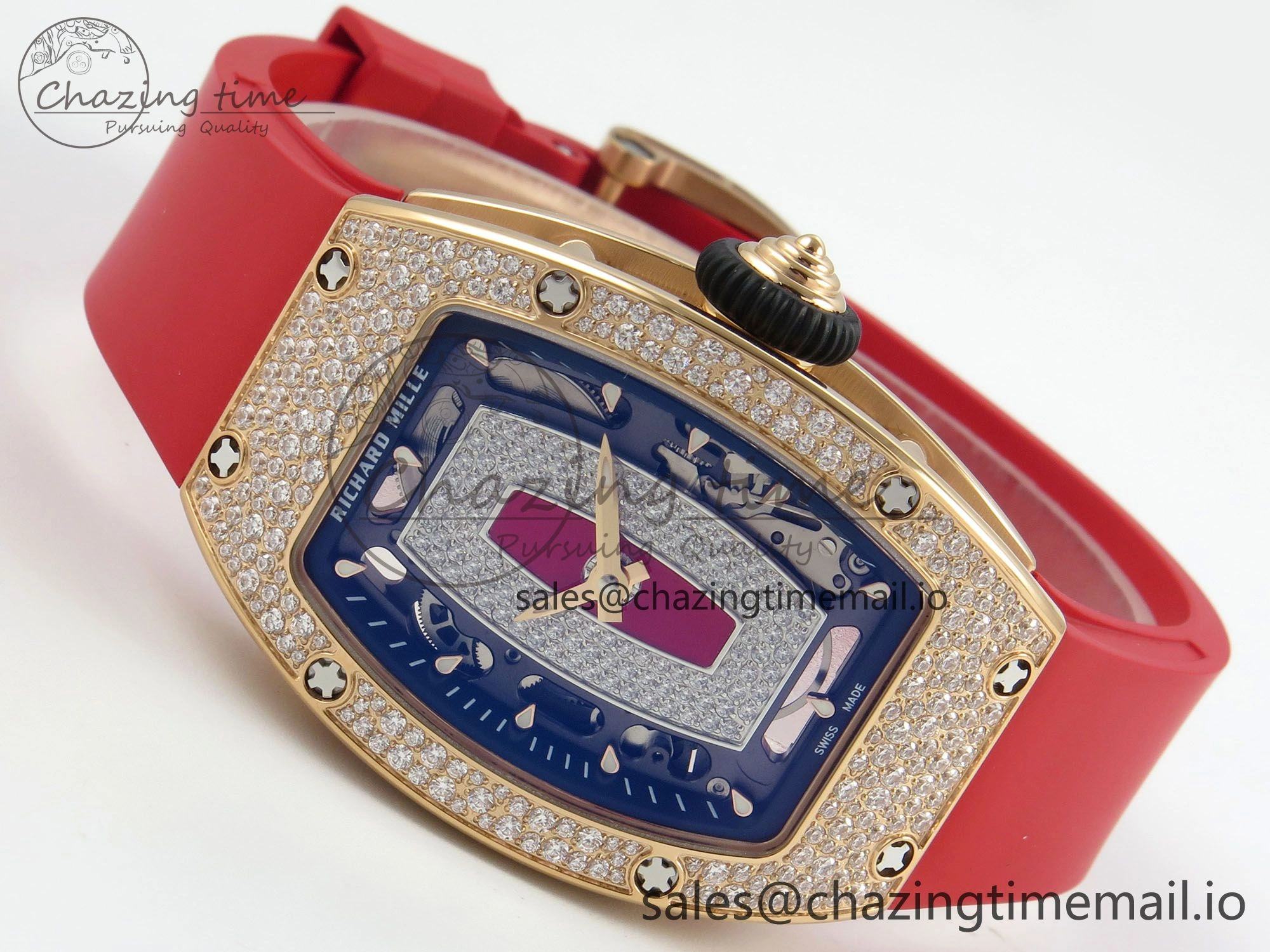 RM07 Ladies Snow Diamonds RG ZF 1:1 Best Edition Red Dial on Red Rubber Strap CRMA2 Clone