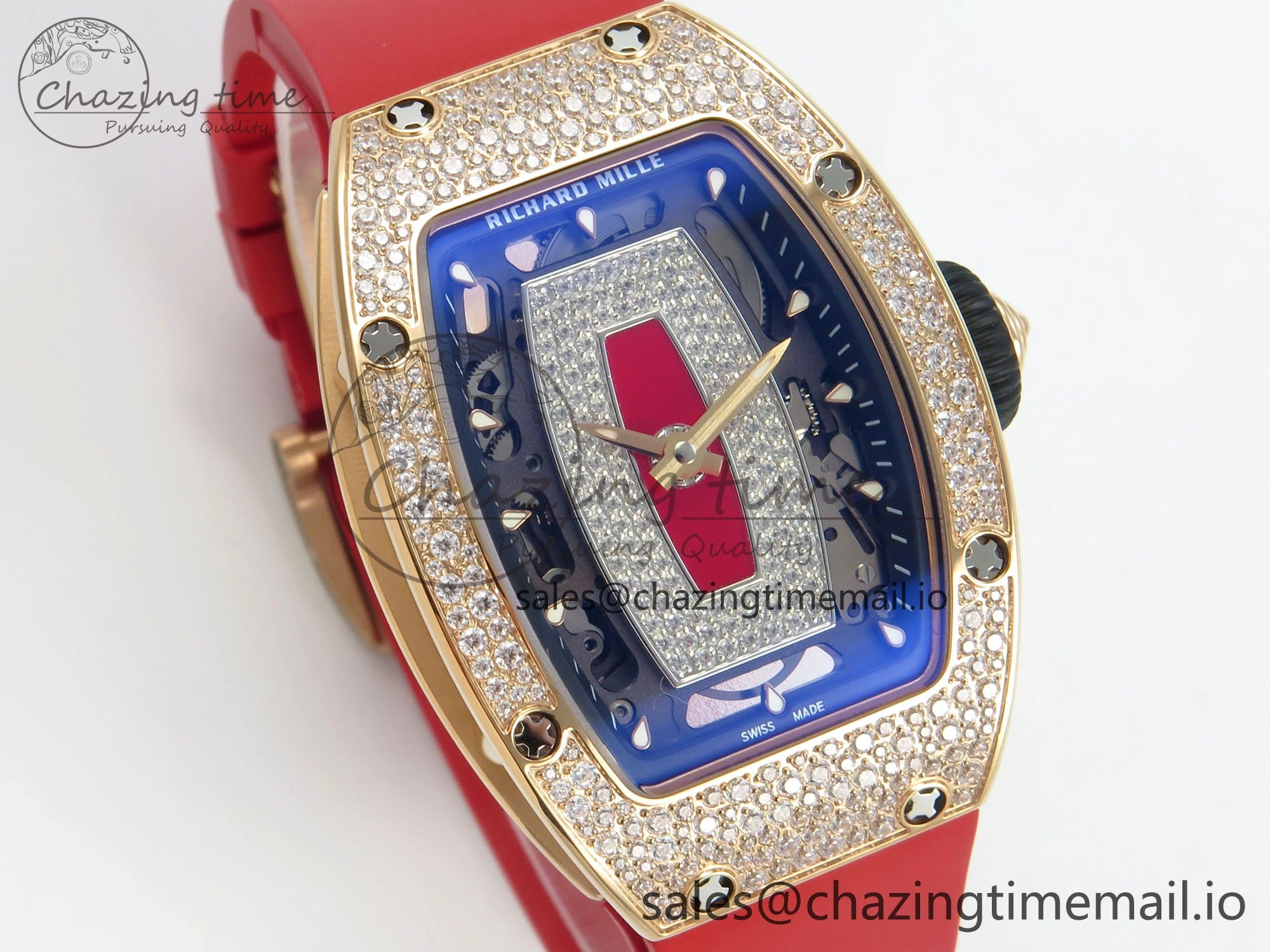 RM07 Ladies Snow Diamonds RG ZF 1:1 Best Edition Red Dial on Red Rubber Strap CRMA2 Clone
