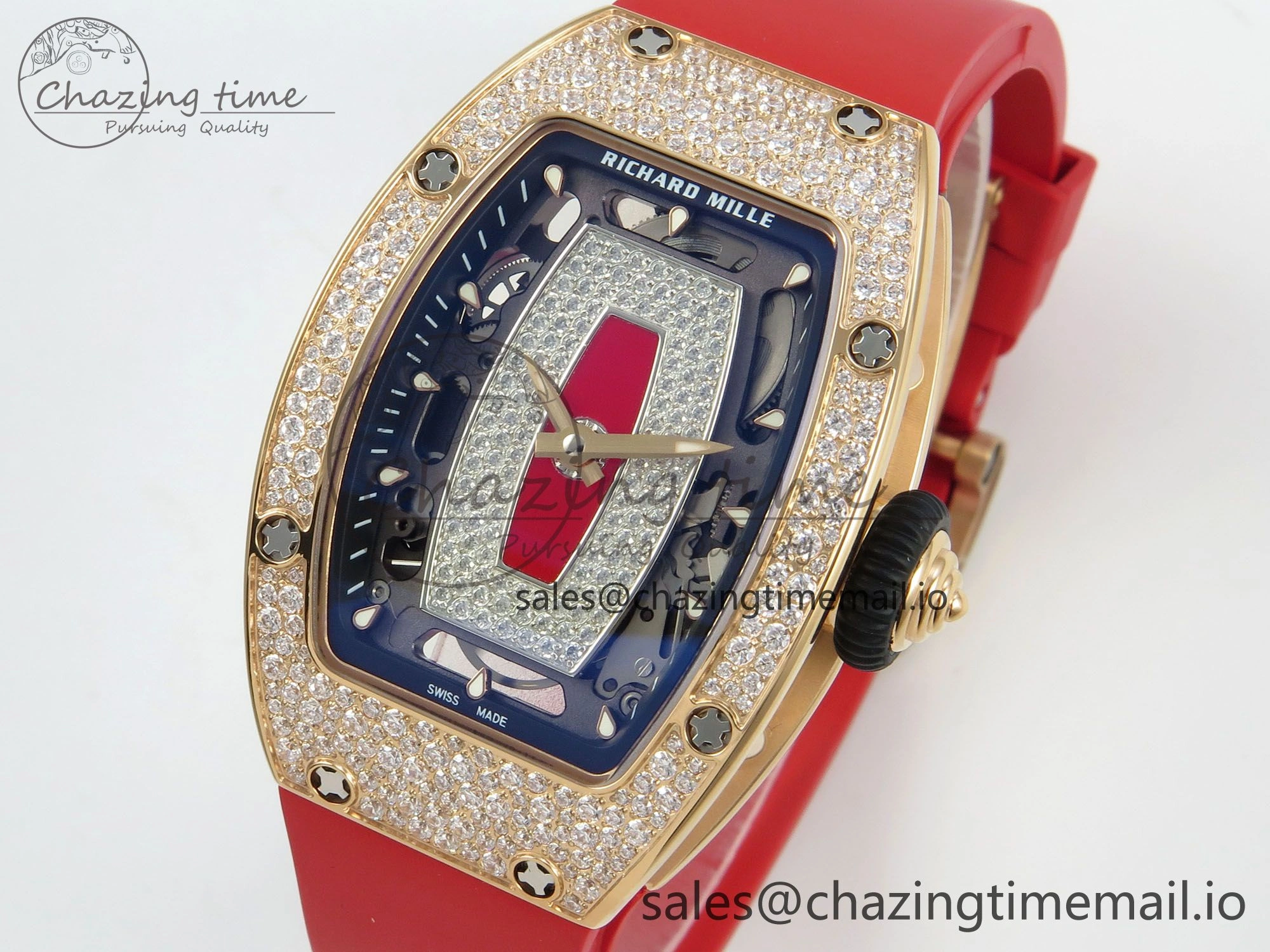 RM07 Ladies Snow Diamonds RG ZF 1:1 Best Edition Red Dial on Red Rubber Strap CRMA2 Clone