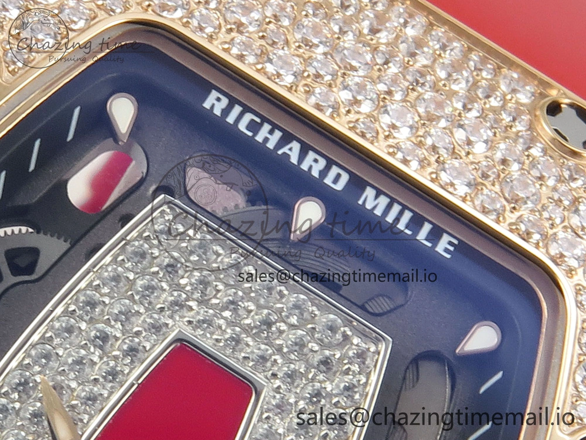 RM07 Ladies Snow Diamonds RG ZF 1:1 Best Edition Red Dial on Red Rubber Strap CRMA2 Clone