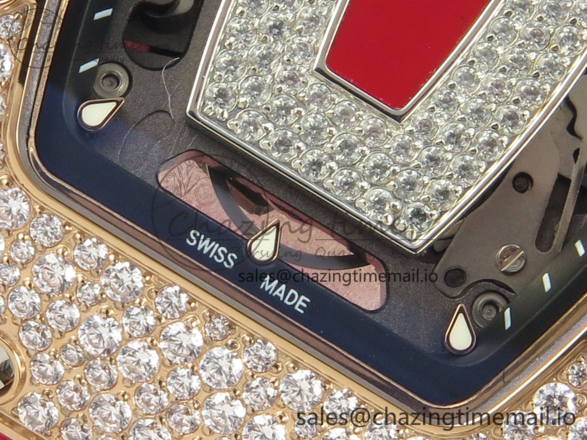 RM07 Ladies Snow Diamonds RG ZF 1:1 Best Edition Red Dial on Red Rubber Strap CRMA2 Clone