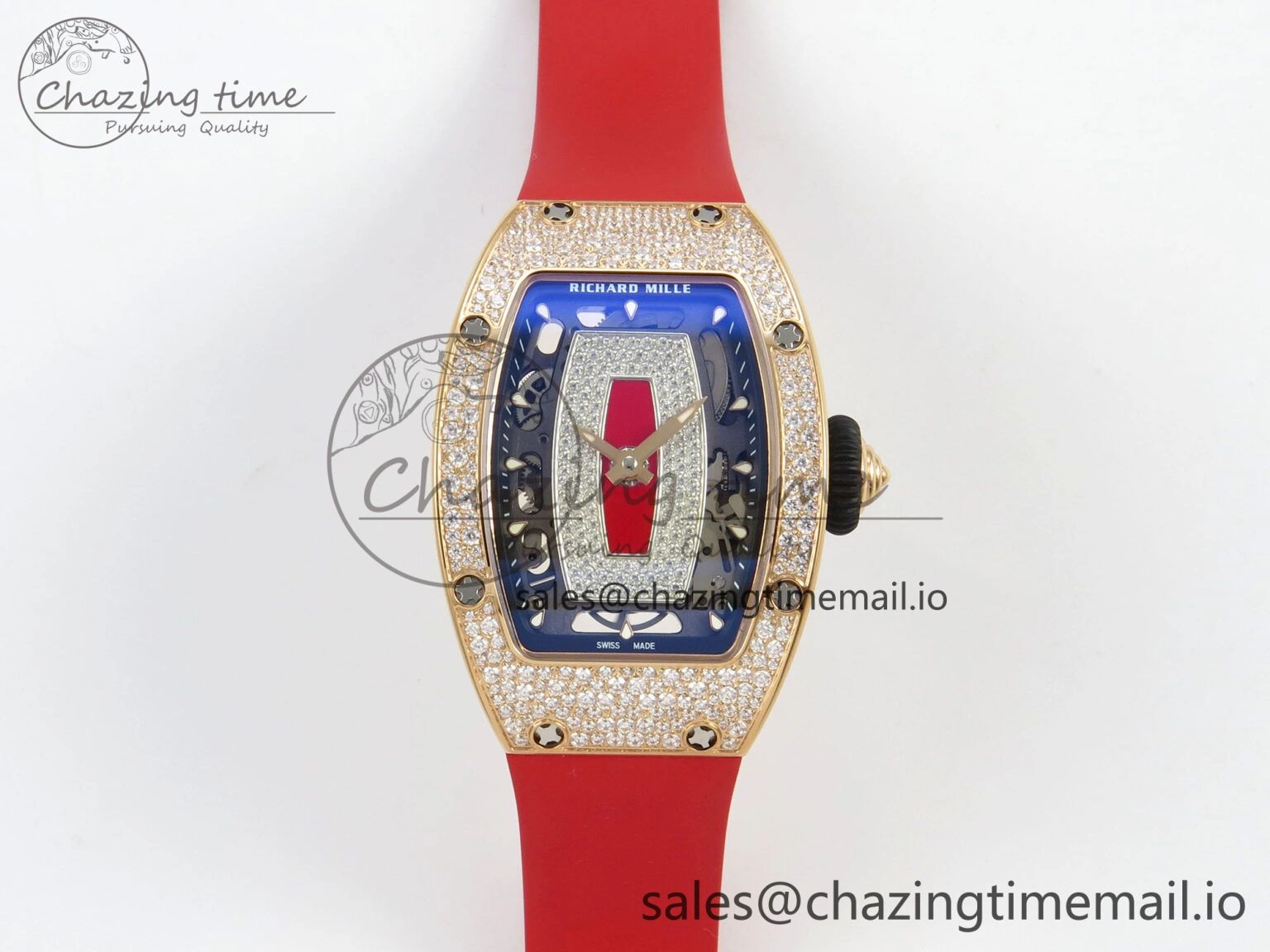 RM07 Ladies Snow Diamonds RG ZF 1:1 Best Edition Red Dial on Red Rubber Strap CRMA2 Clone