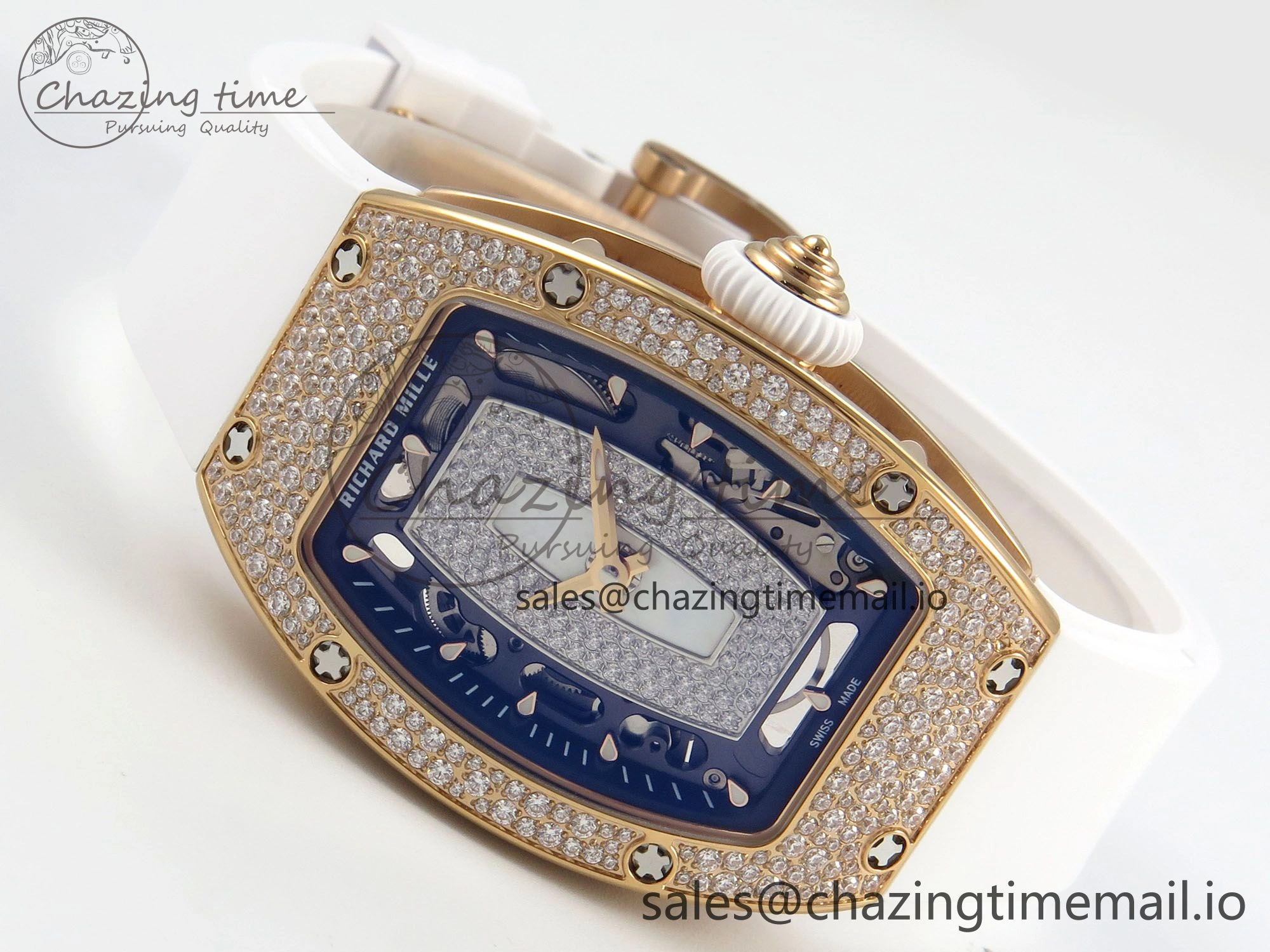 RM07 Ladies Snow Diamonds RG ZF 1:1 Best Edition White Dial on White Rubber Strap CRMA2 Clone
