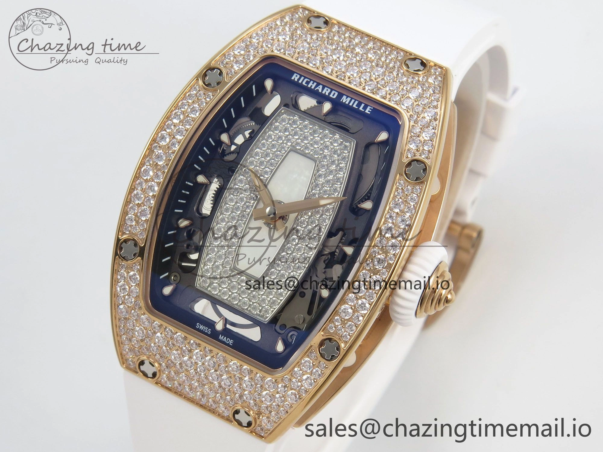 RM07 Ladies Snow Diamonds RG ZF 1:1 Best Edition White Dial on White Rubber Strap CRMA2 Clone