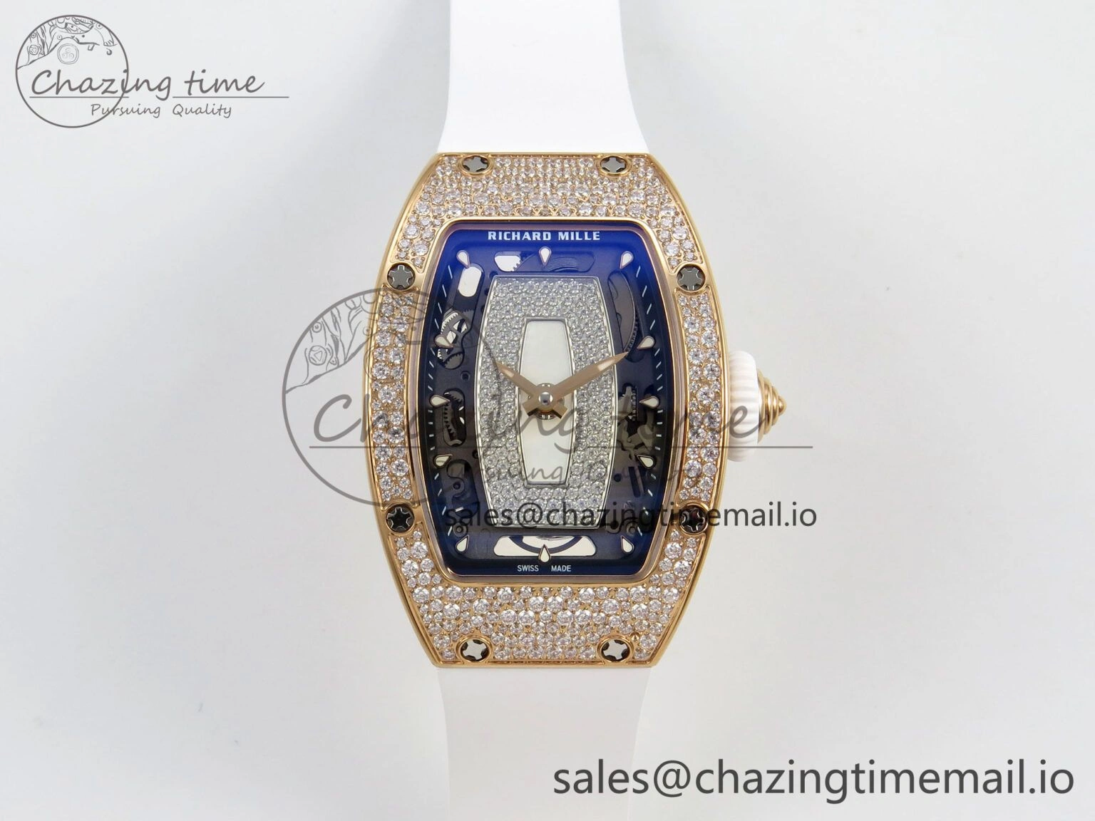 RM07 Ladies Snow Diamonds RG ZF 1:1 Best Edition White Dial on White Rubber Strap CRMA2 Clone