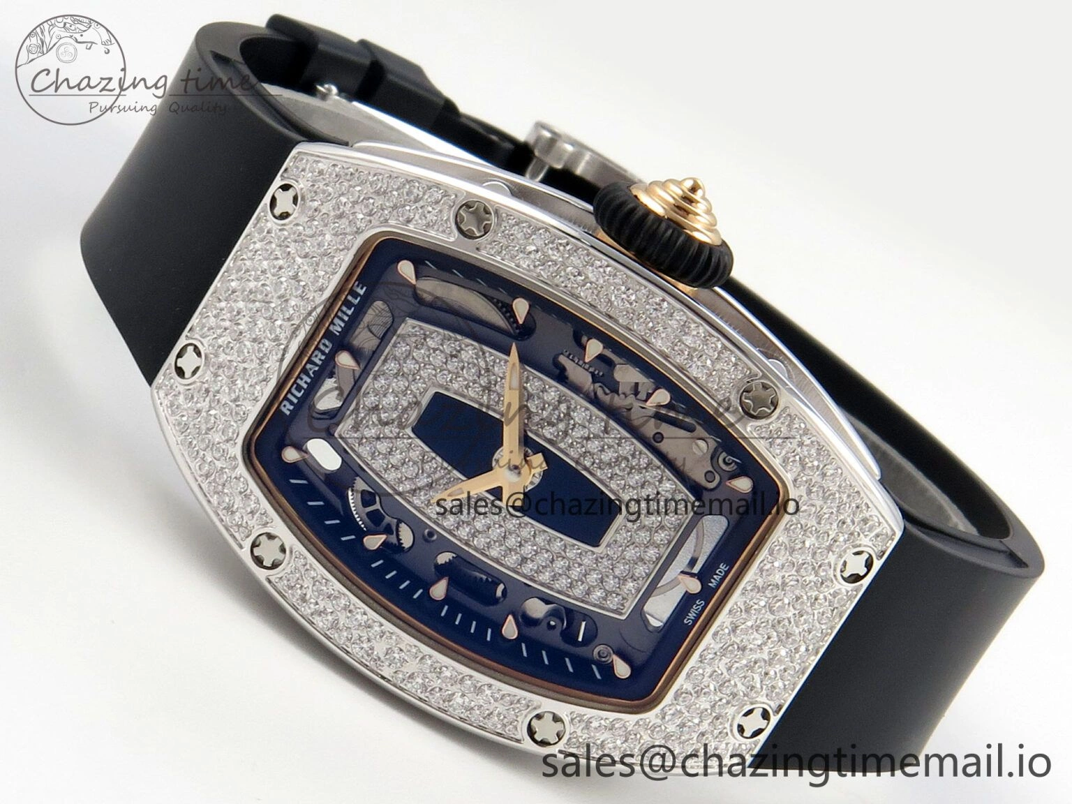 RM07 Ladies Snow Diamonds SS ZF 1:1 Best Edition Black Dial on Black Rubber Strap CRMA2 Clone