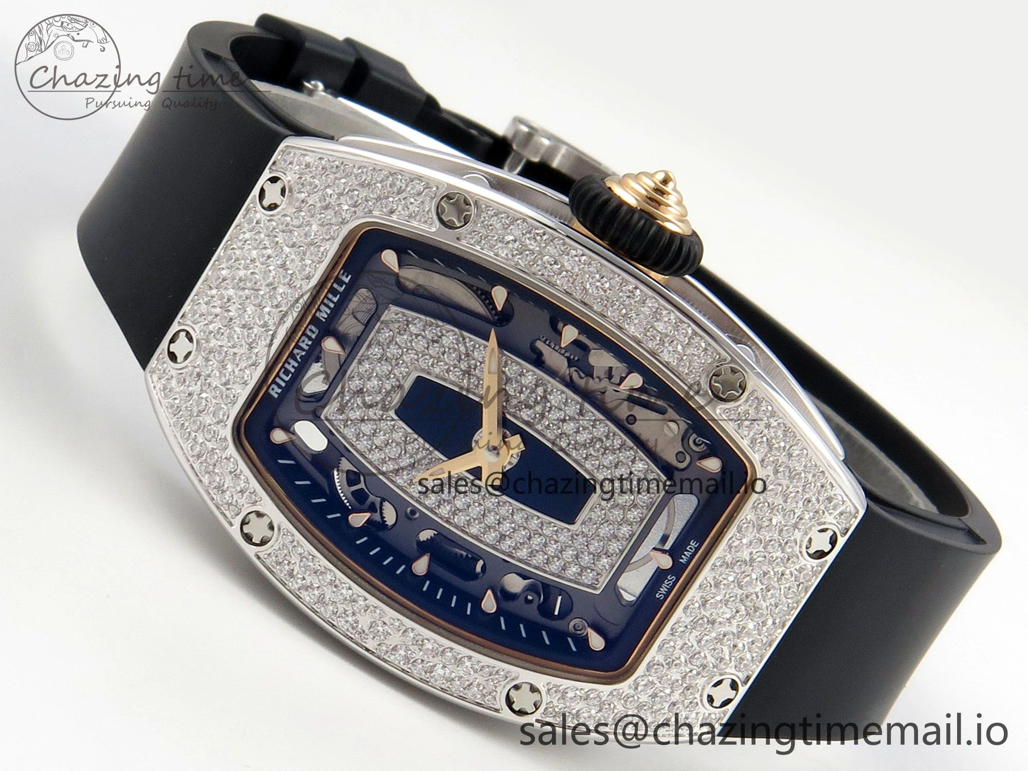 RM07 Ladies Snow Diamonds SS ZF 1:1 Best Edition Black Dial on Black Rubber Strap CRMA2 Clone