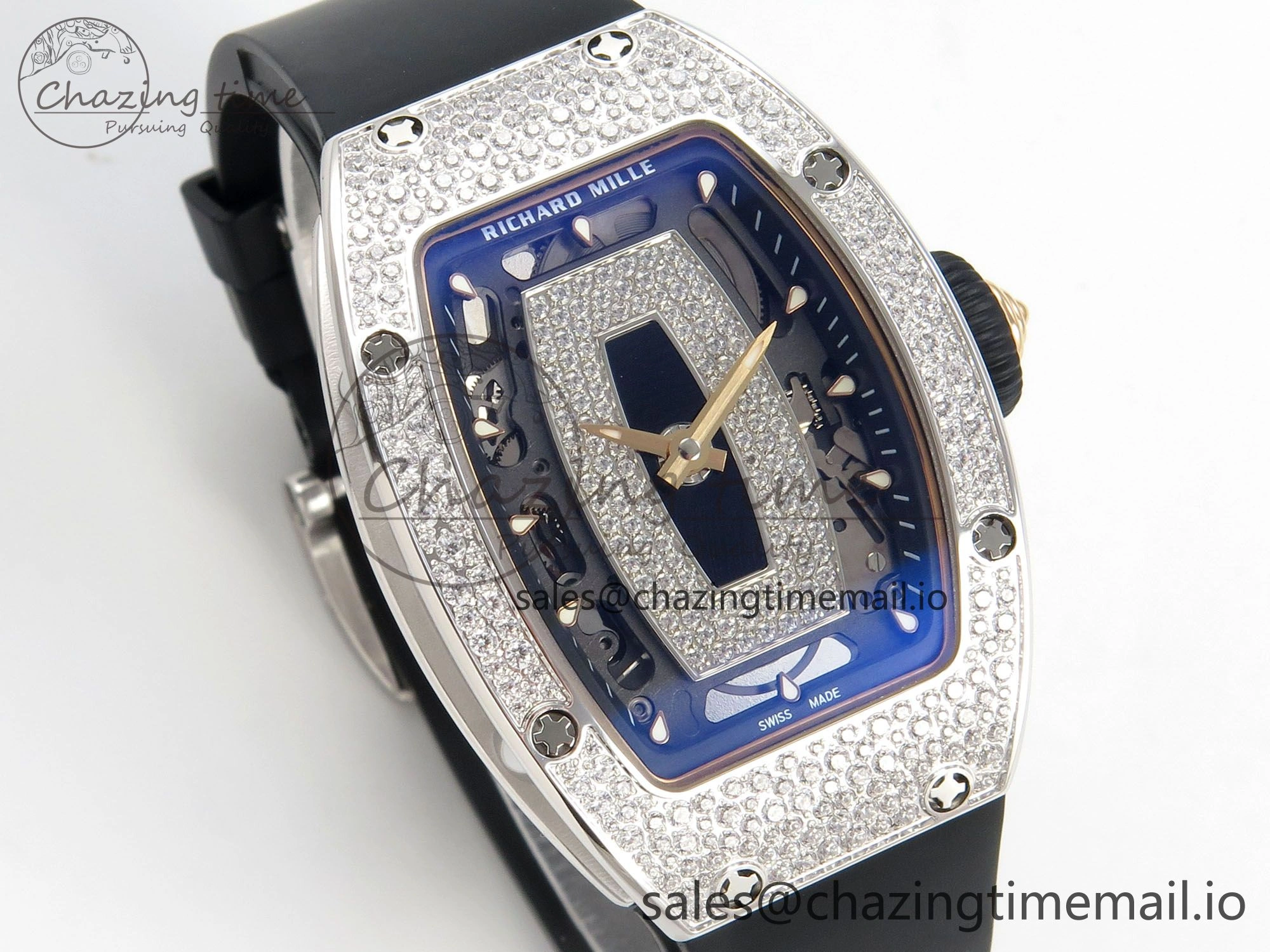 RM07 Ladies Snow Diamonds SS ZF 1:1 Best Edition Black Dial on Black Rubber Strap CRMA2 Clone