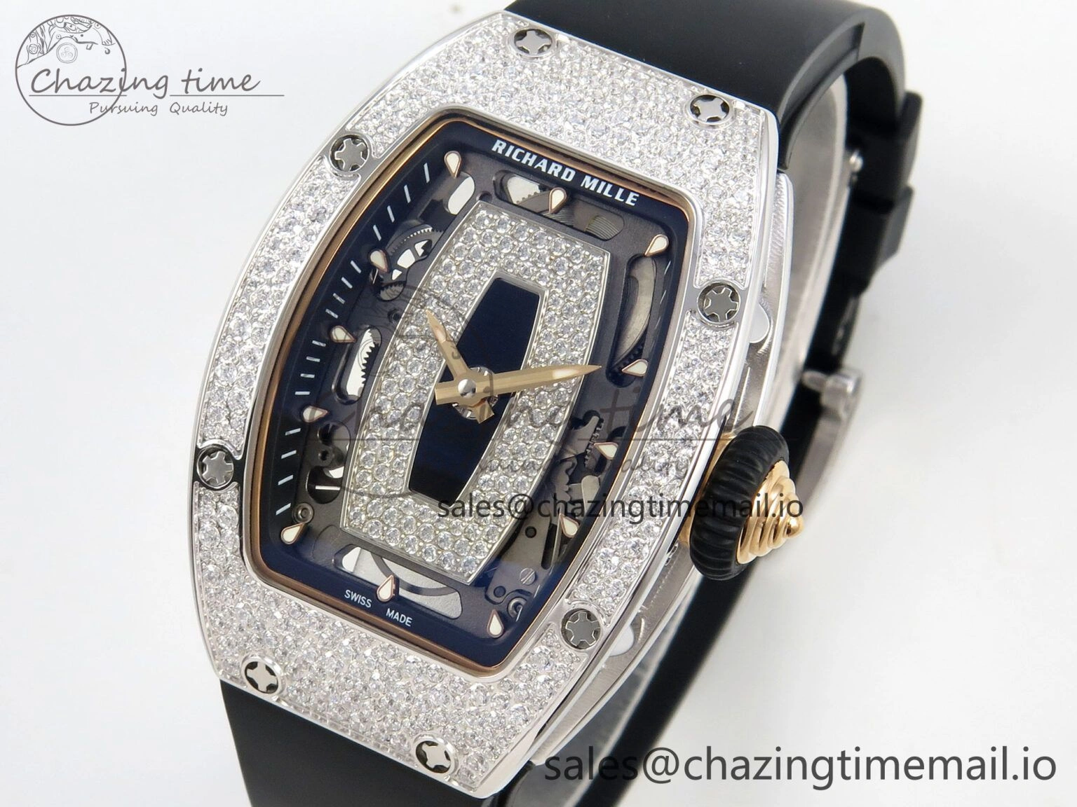RM07 Ladies Snow Diamonds SS ZF 1:1 Best Edition Black Dial on Black Rubber Strap CRMA2 Clone