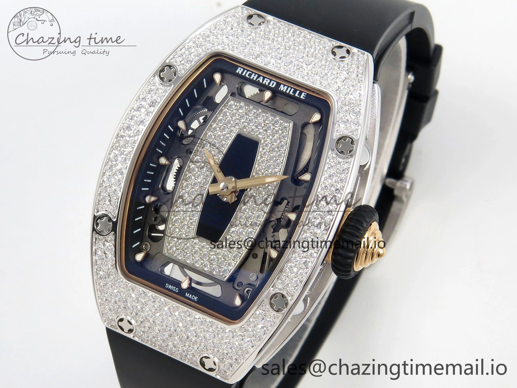 RM07 Ladies Snow Diamonds SS ZF 1:1 Best Edition Black Dial on Black Rubber Strap CRMA2 Clone