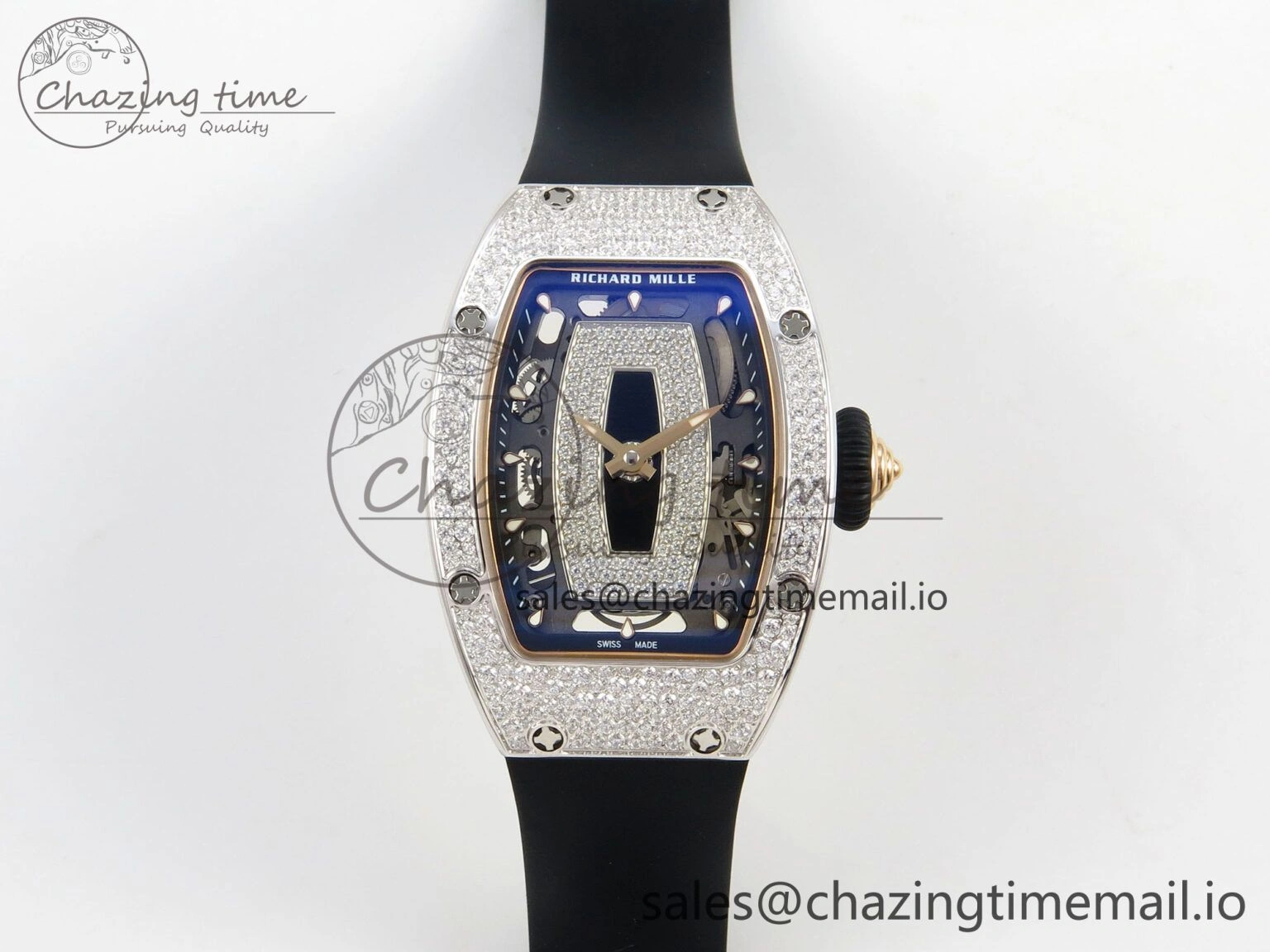 RM07 Ladies Snow Diamonds SS ZF 1:1 Best Edition Black Dial on Black Rubber Strap CRMA2 Clone