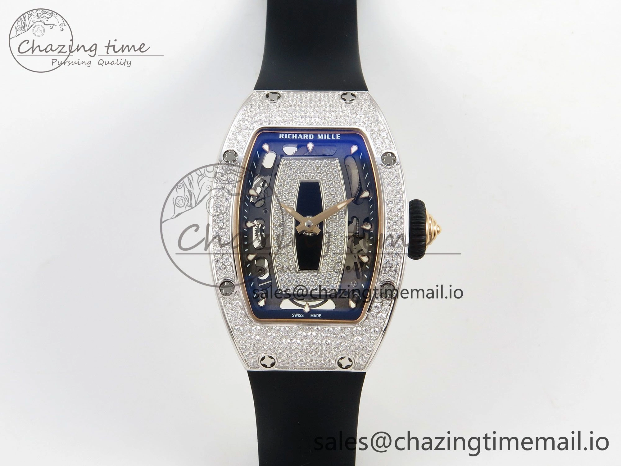 RM07 Ladies Snow Diamonds SS ZF 1:1 Best Edition Black Dial on Black Rubber Strap CRMA2 Clone