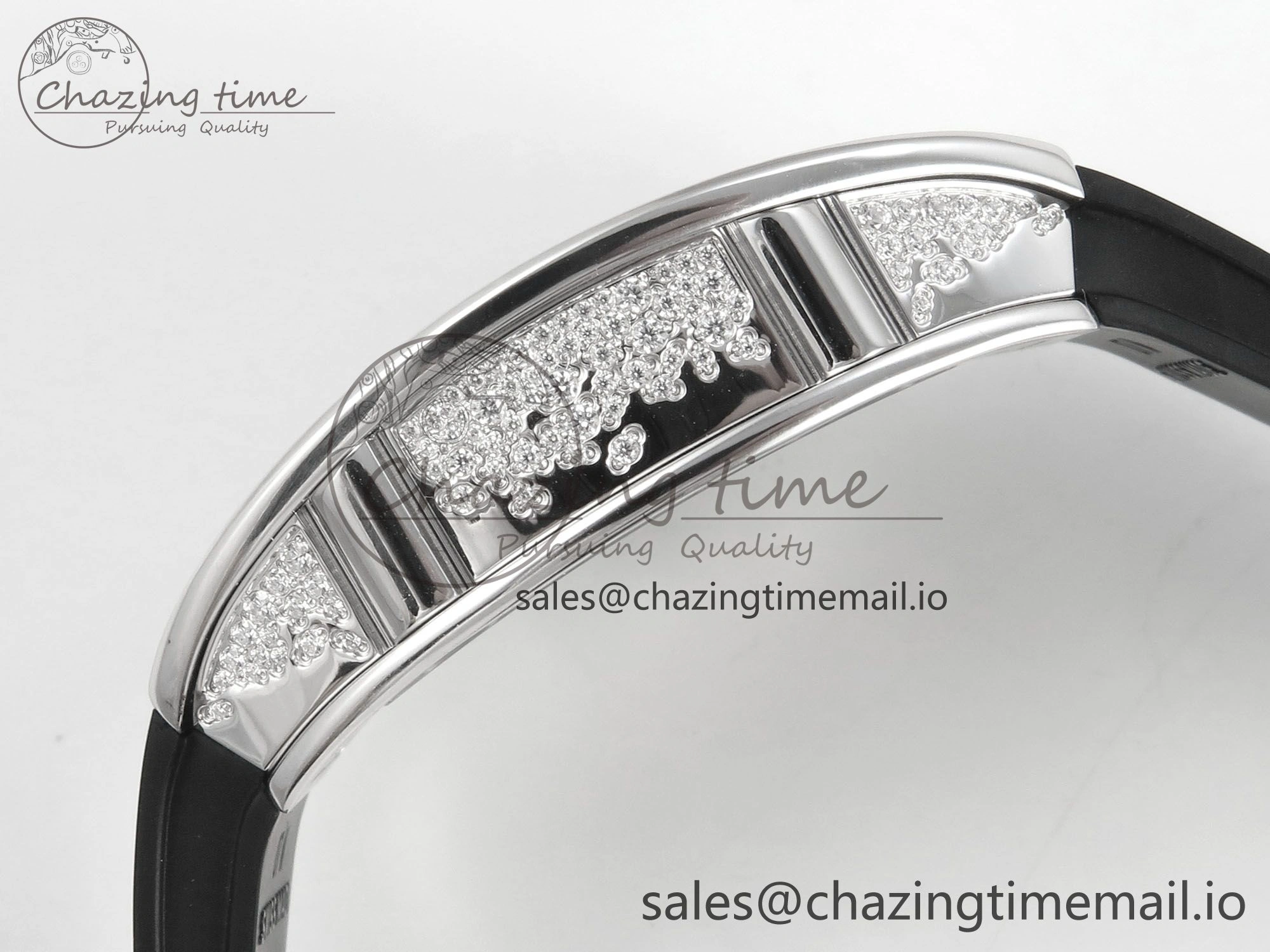 RM07 Ladies Snow Diamonds SS ZF 1:1 Best Edition Black Dial on Black Rubber Strap CRMA2 Clone