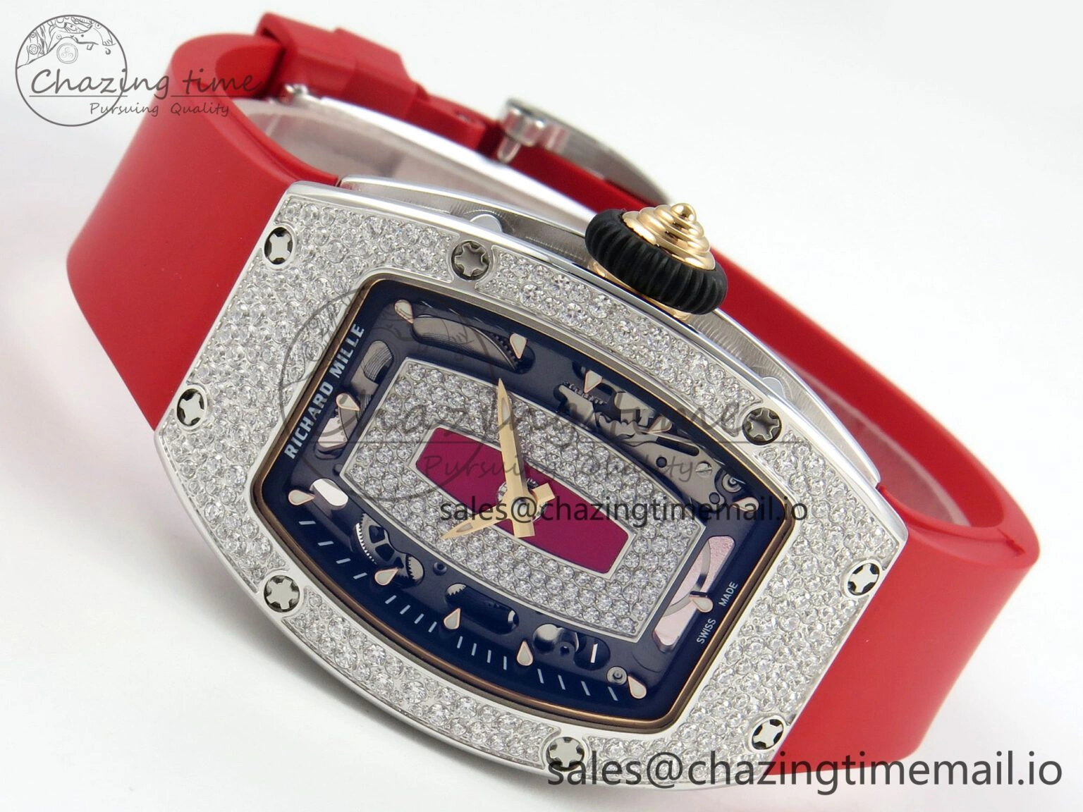 RM07 Ladies Snow Diamonds SS ZF 1:1 Best Edition Red Dial on Red Rubber Strap CRMA2 Clone